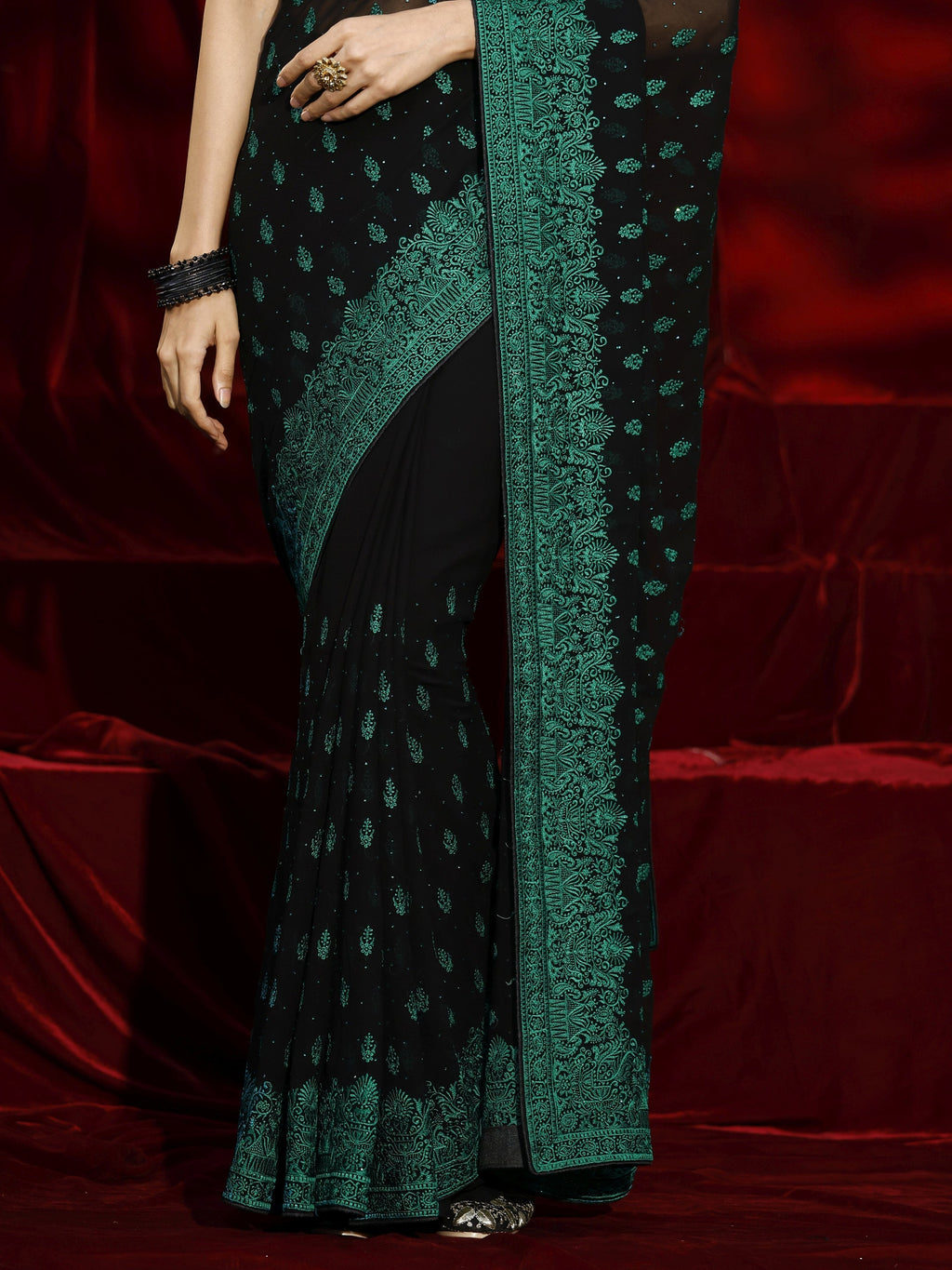 Black Floral Embroidered Georgette Saree
