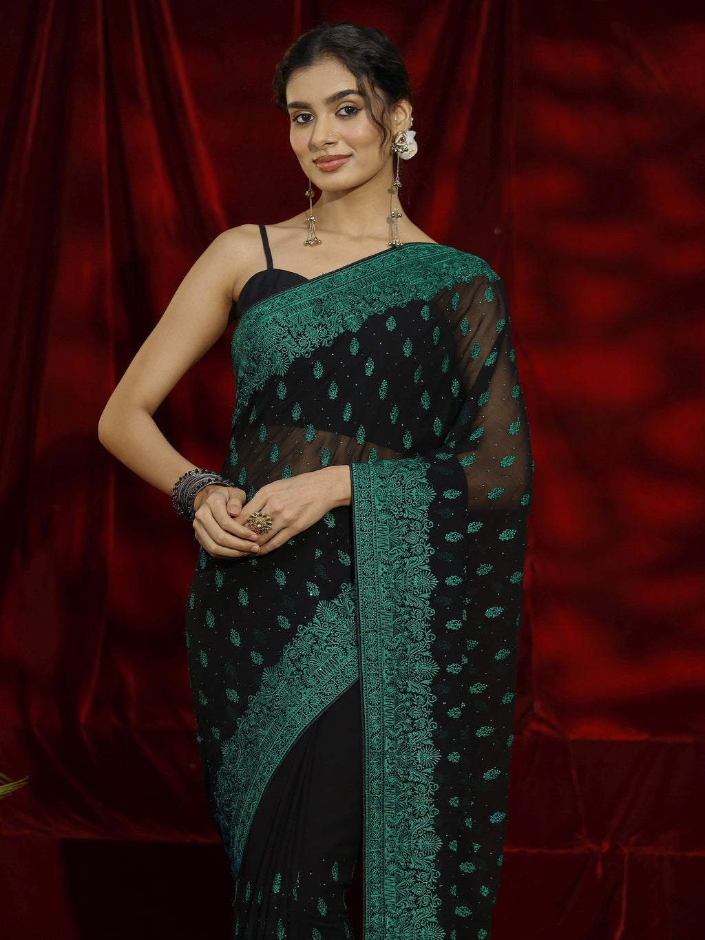Black Floral Embroidered Georgette Saree