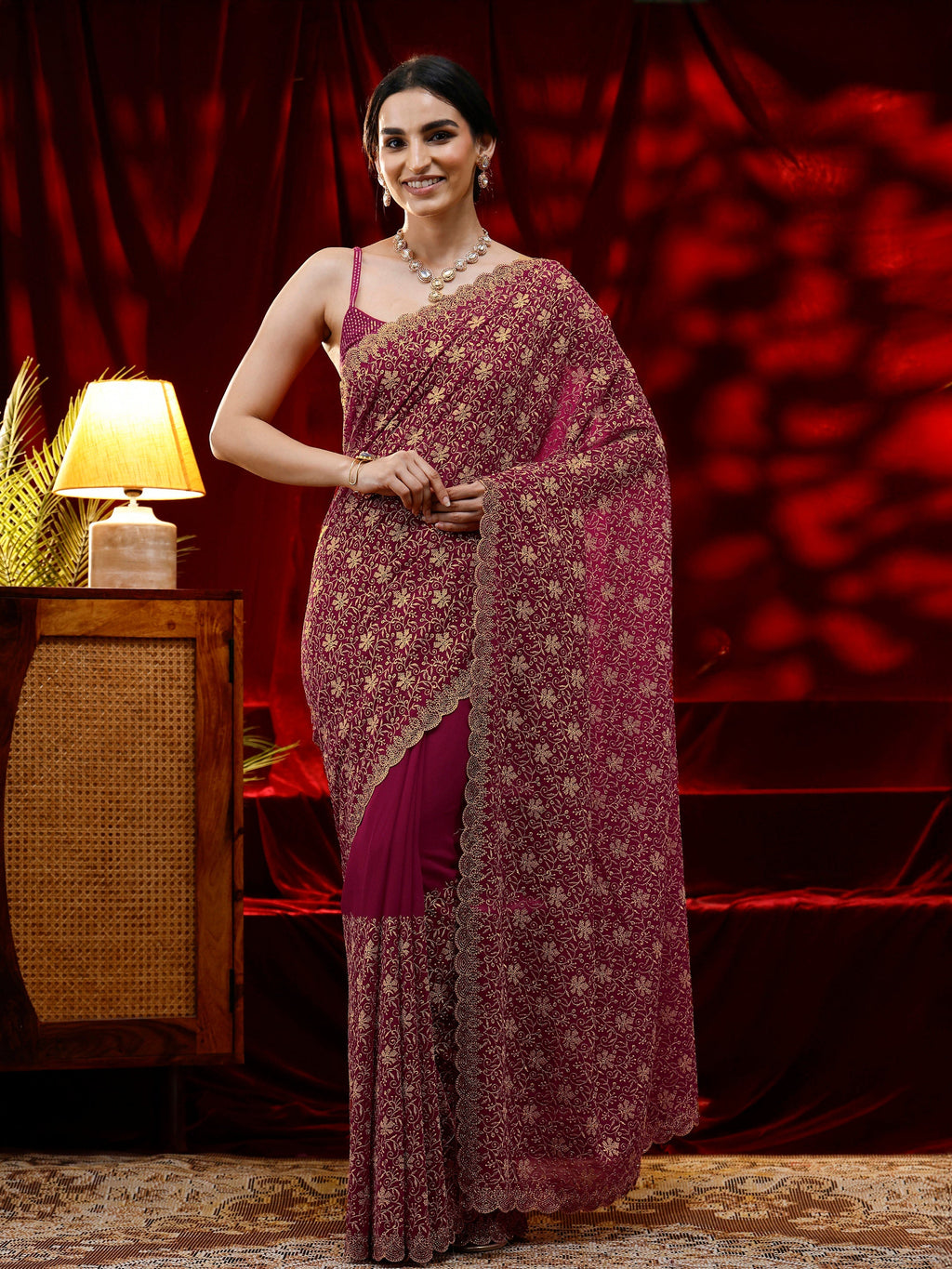Pink Floral Embroidered Georgette Saree