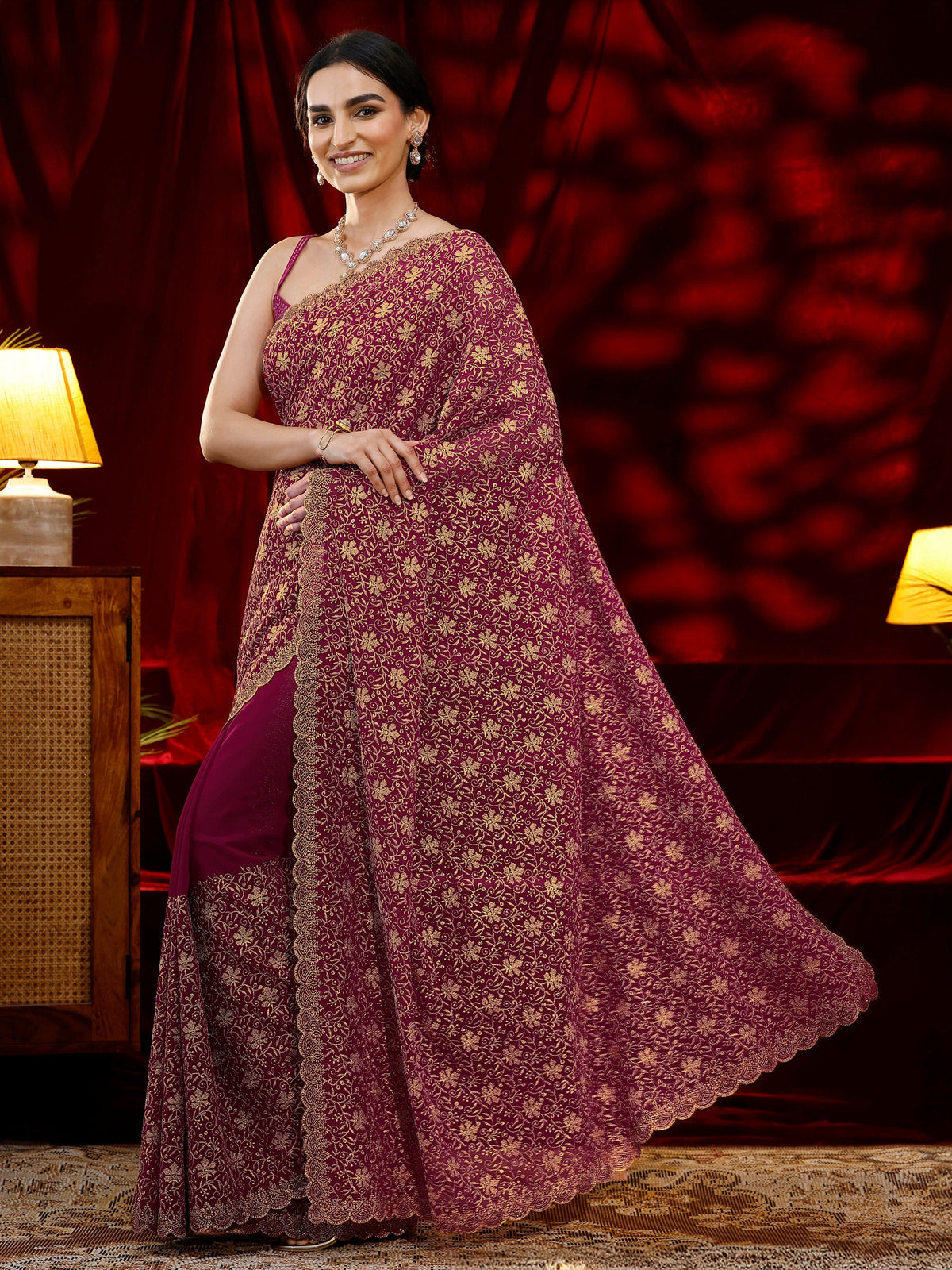 Pink Floral Embroidered Georgette Saree
