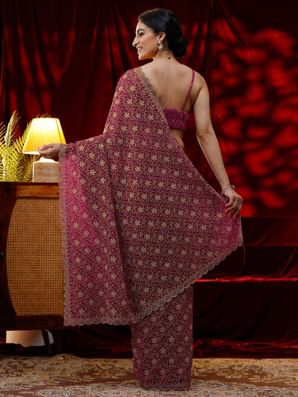 Pink Floral Embroidered Georgette Saree