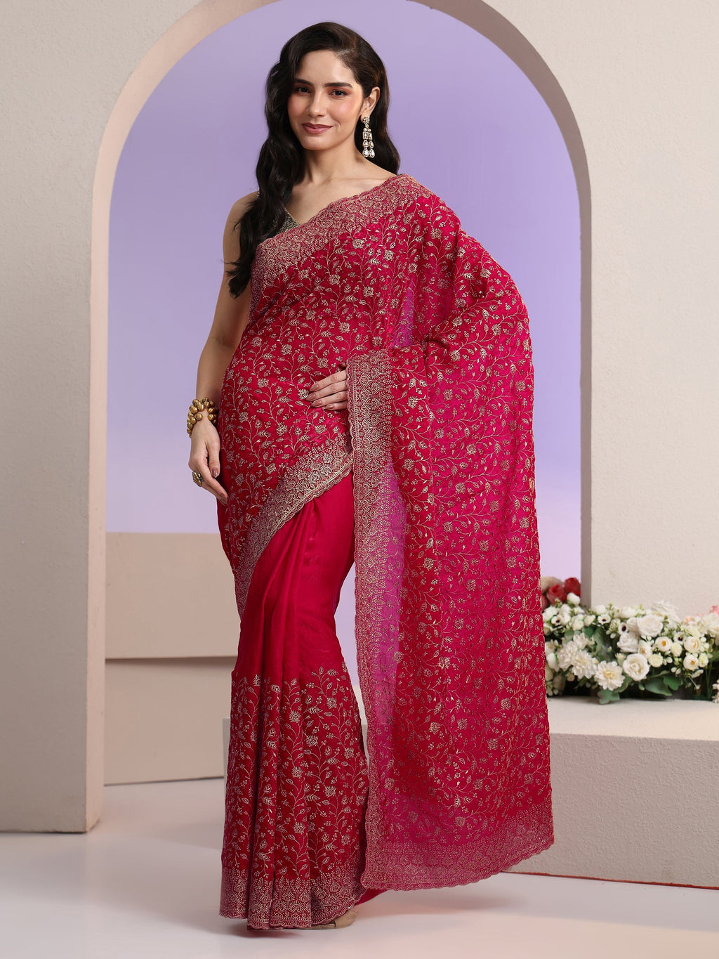 Rani Pink Floral Embroidered Georgette Saree
