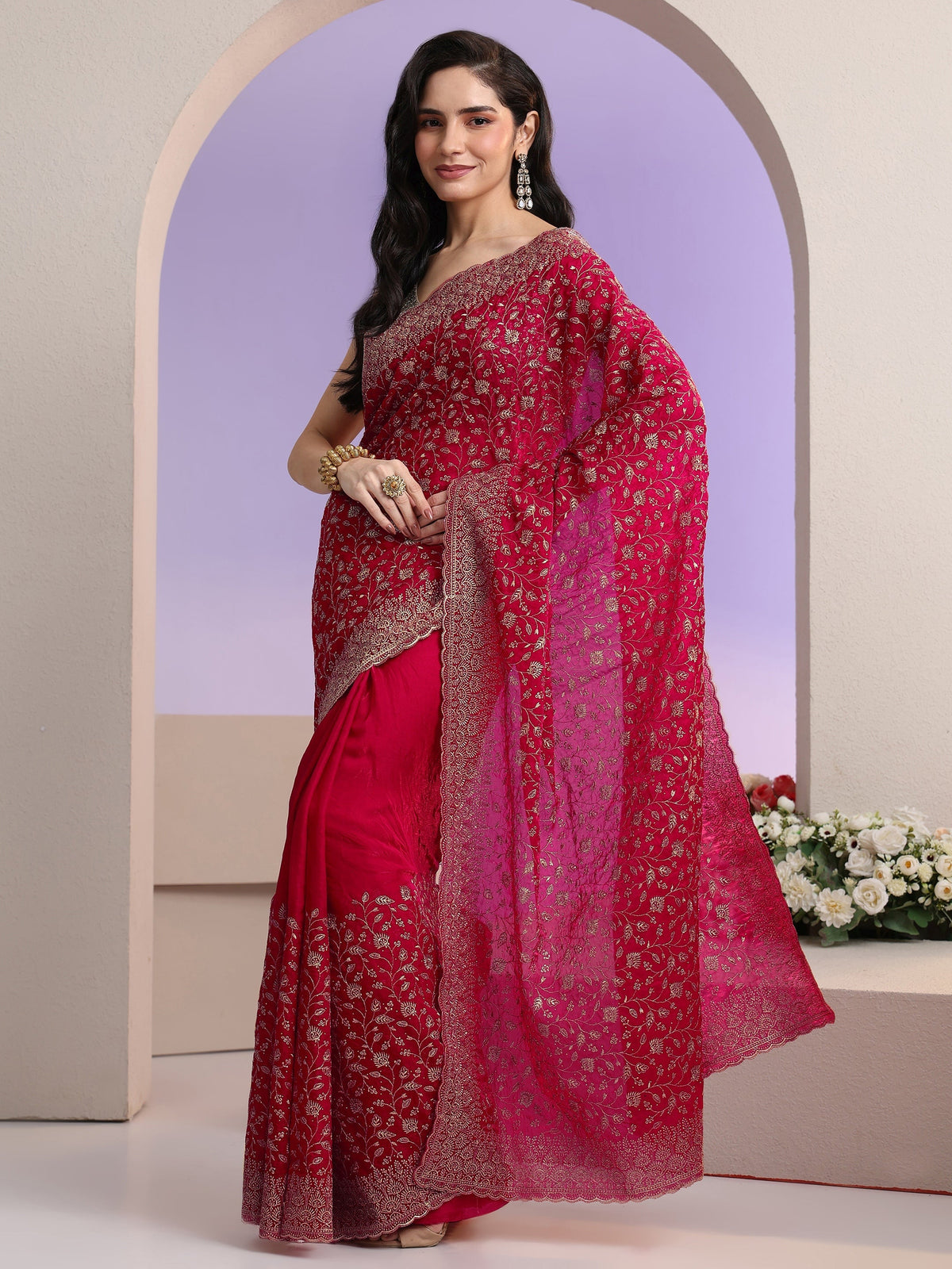 Rani Pink Floral Embroidered Georgette Saree