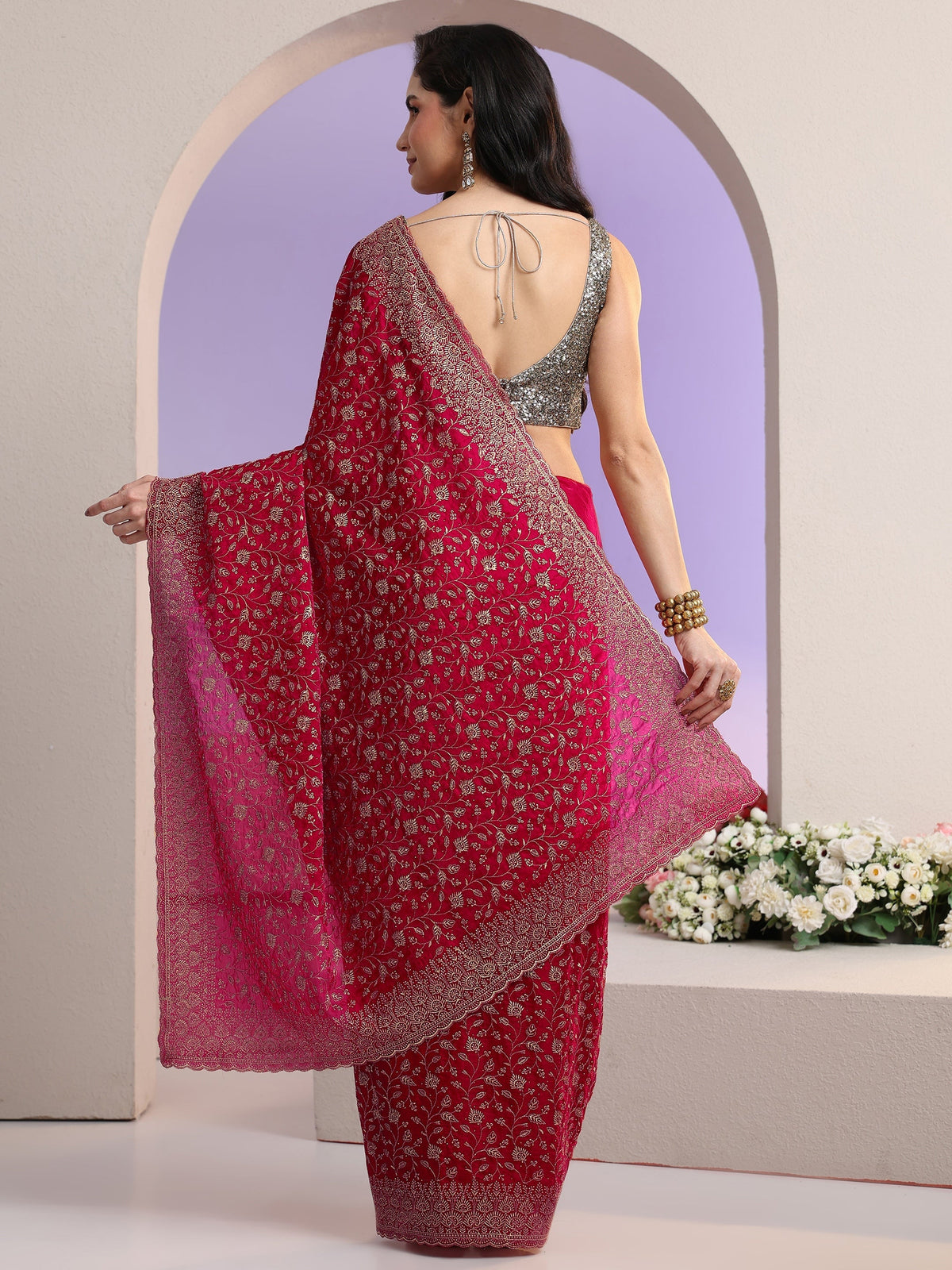 Rani Pink Floral Embroidered Georgette Saree