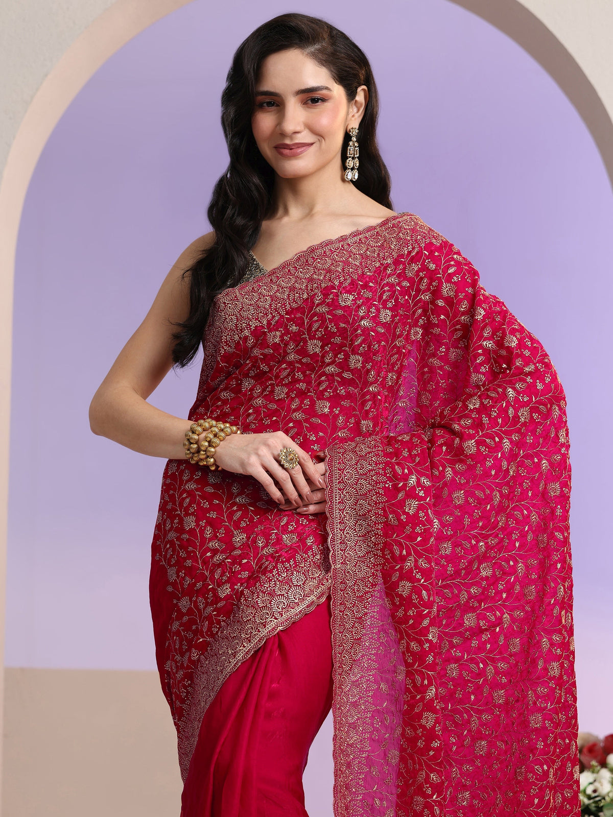Rani Pink Floral Embroidered Georgette Saree