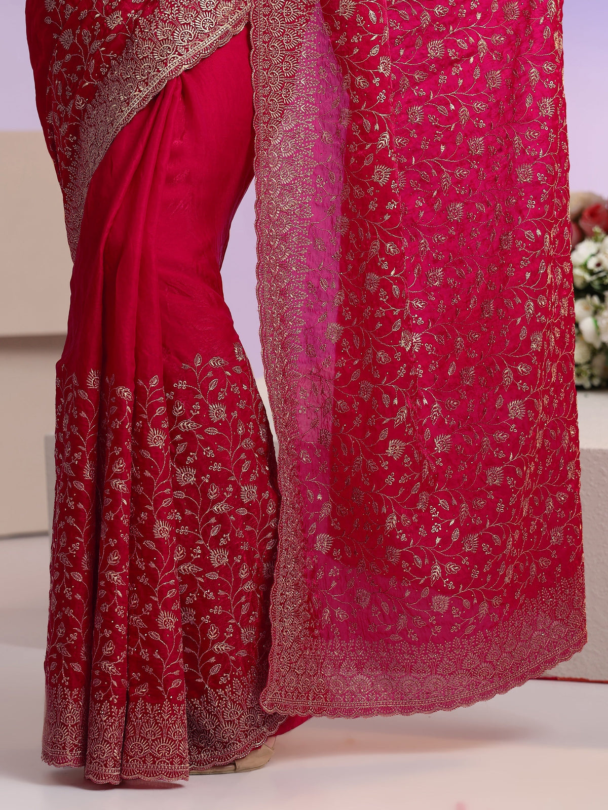 Rani Pink Floral Embroidered Georgette Saree