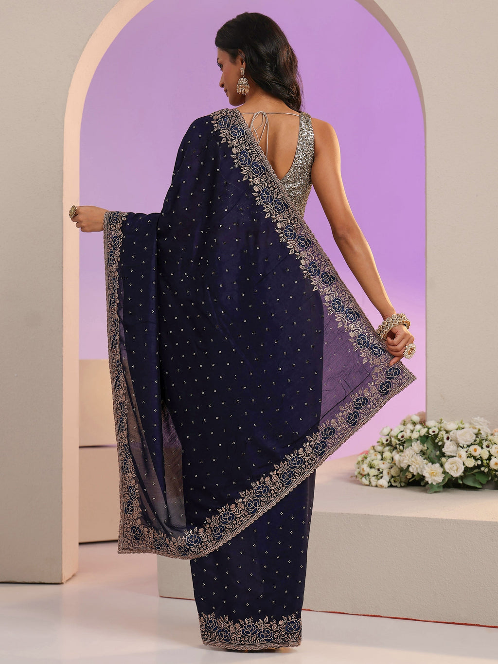 Navy Blue Stone Work Embelllished Silk Blend Saree