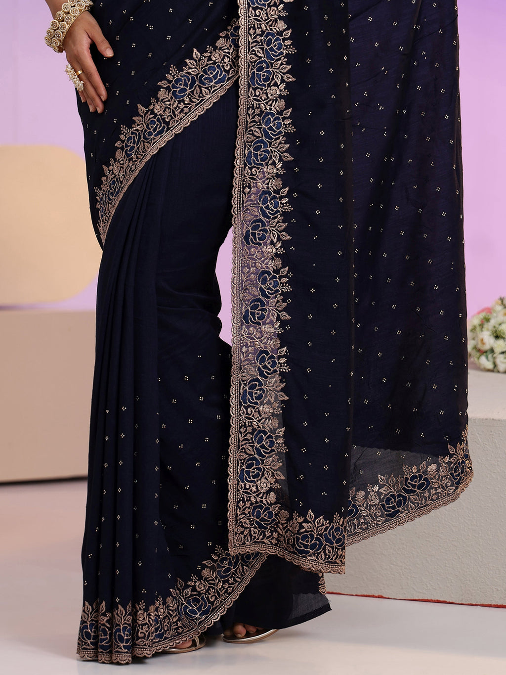 Navy Blue Stone Work Embelllished Silk Blend Saree