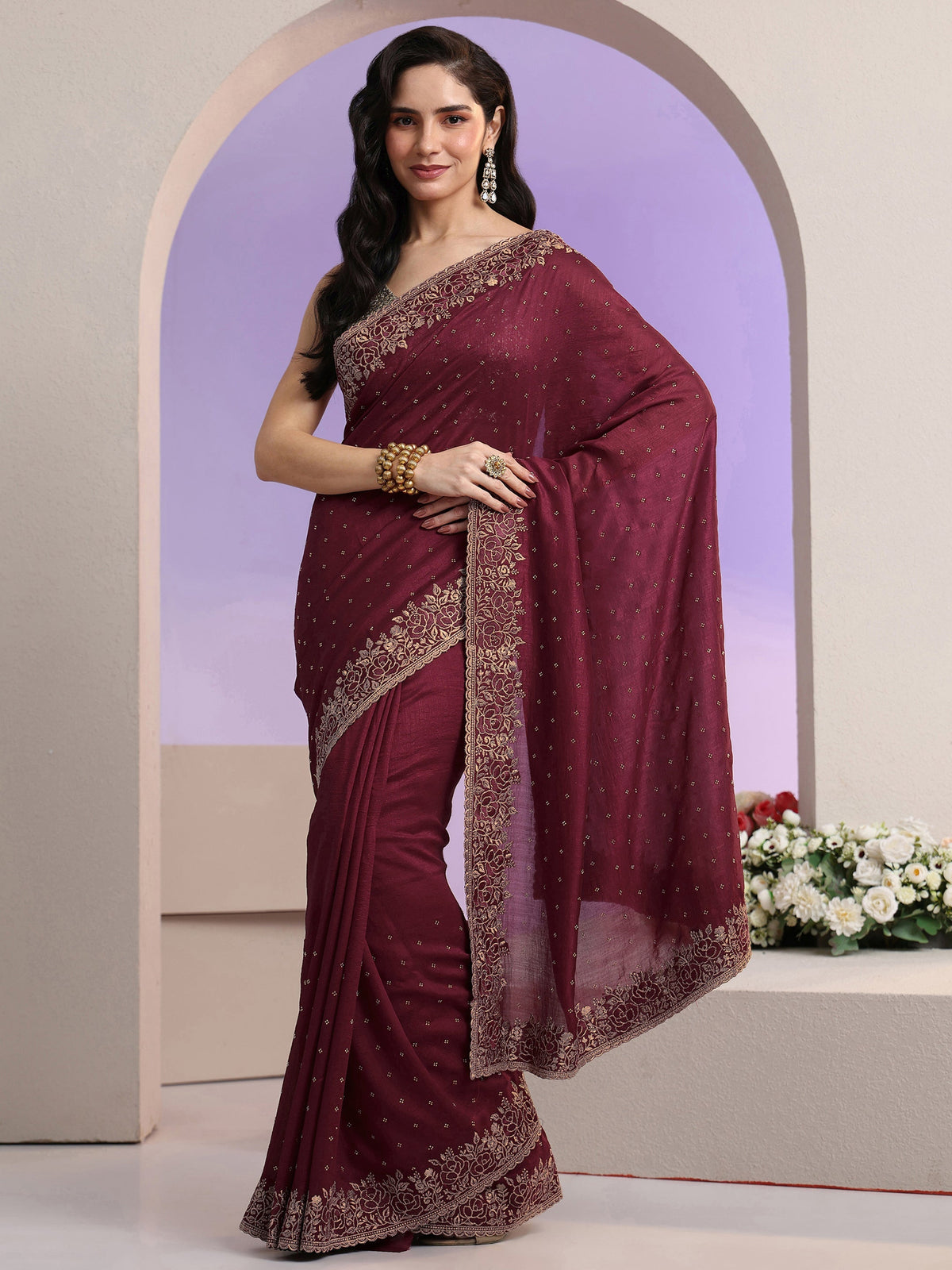 Maroon Stone Work Embelllished Silk Blend Saree