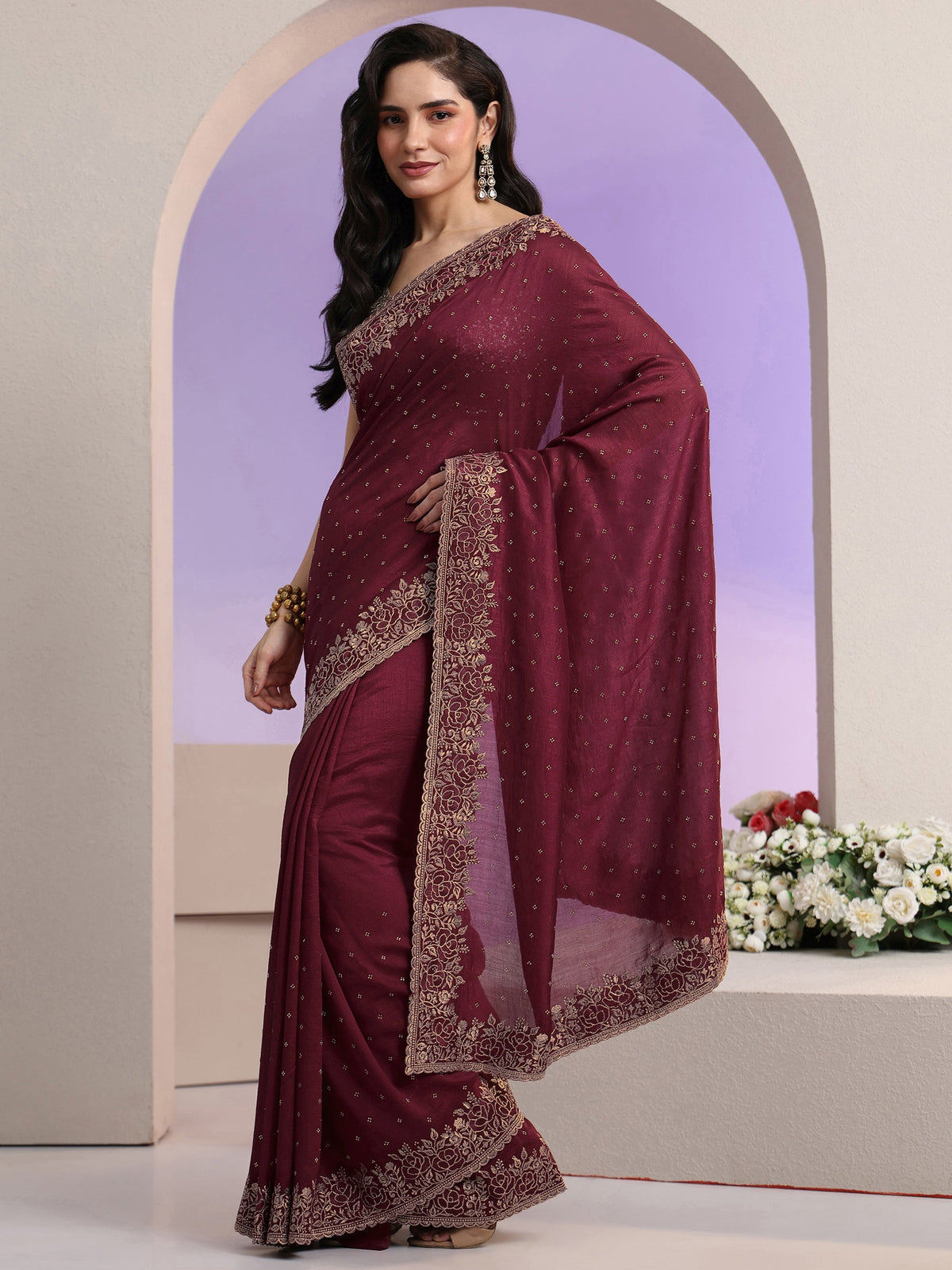 Maroon Stone Work Embelllished Silk Blend Saree