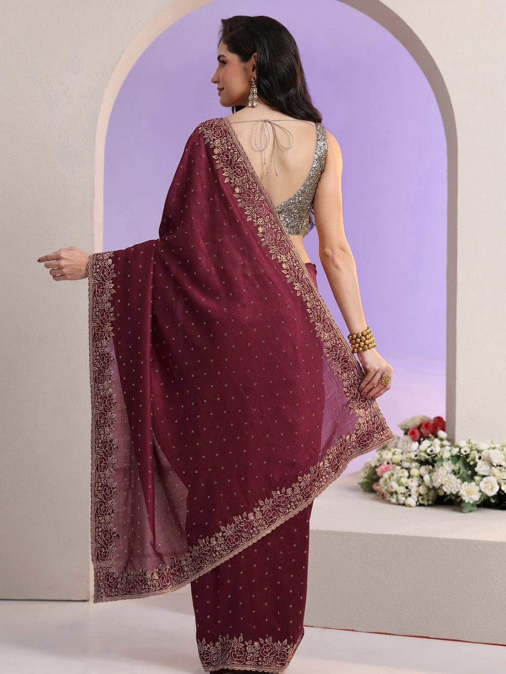 Maroon Stone Work Embelllished Silk Blend Saree