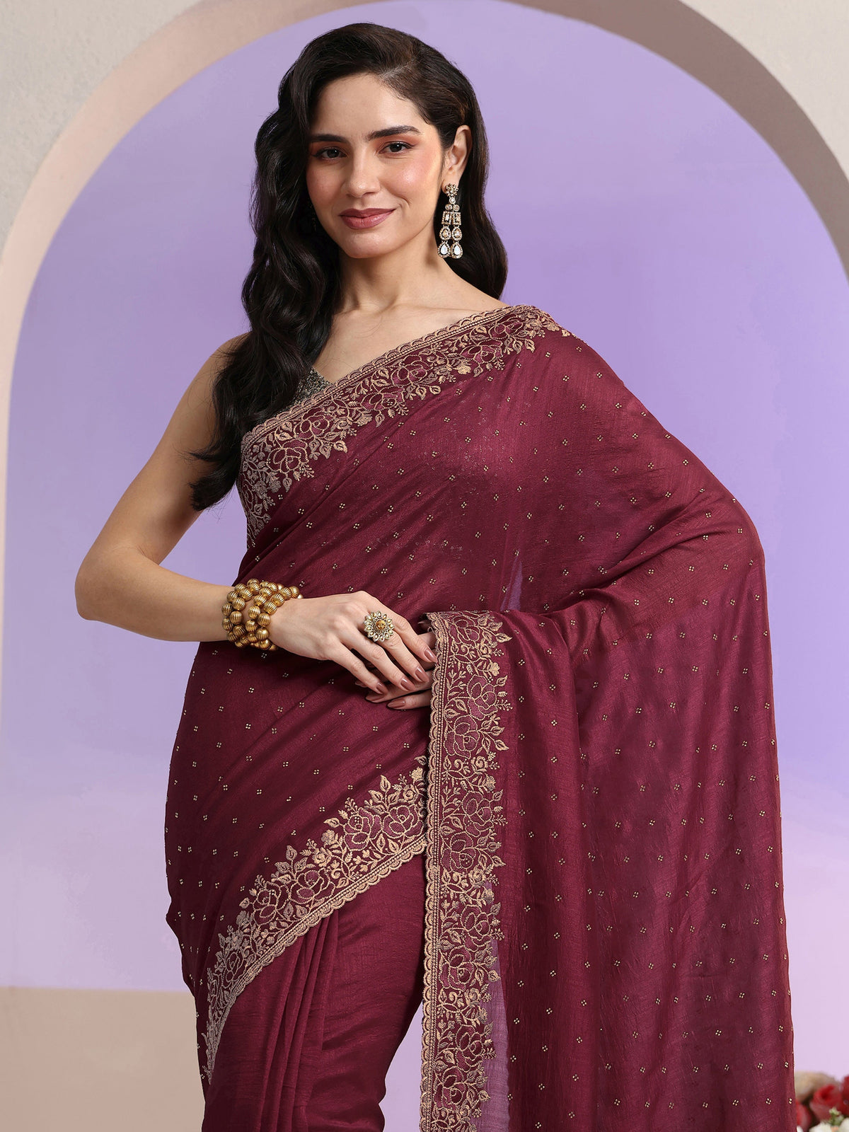 Maroon Stone Work Embelllished Silk Blend Saree