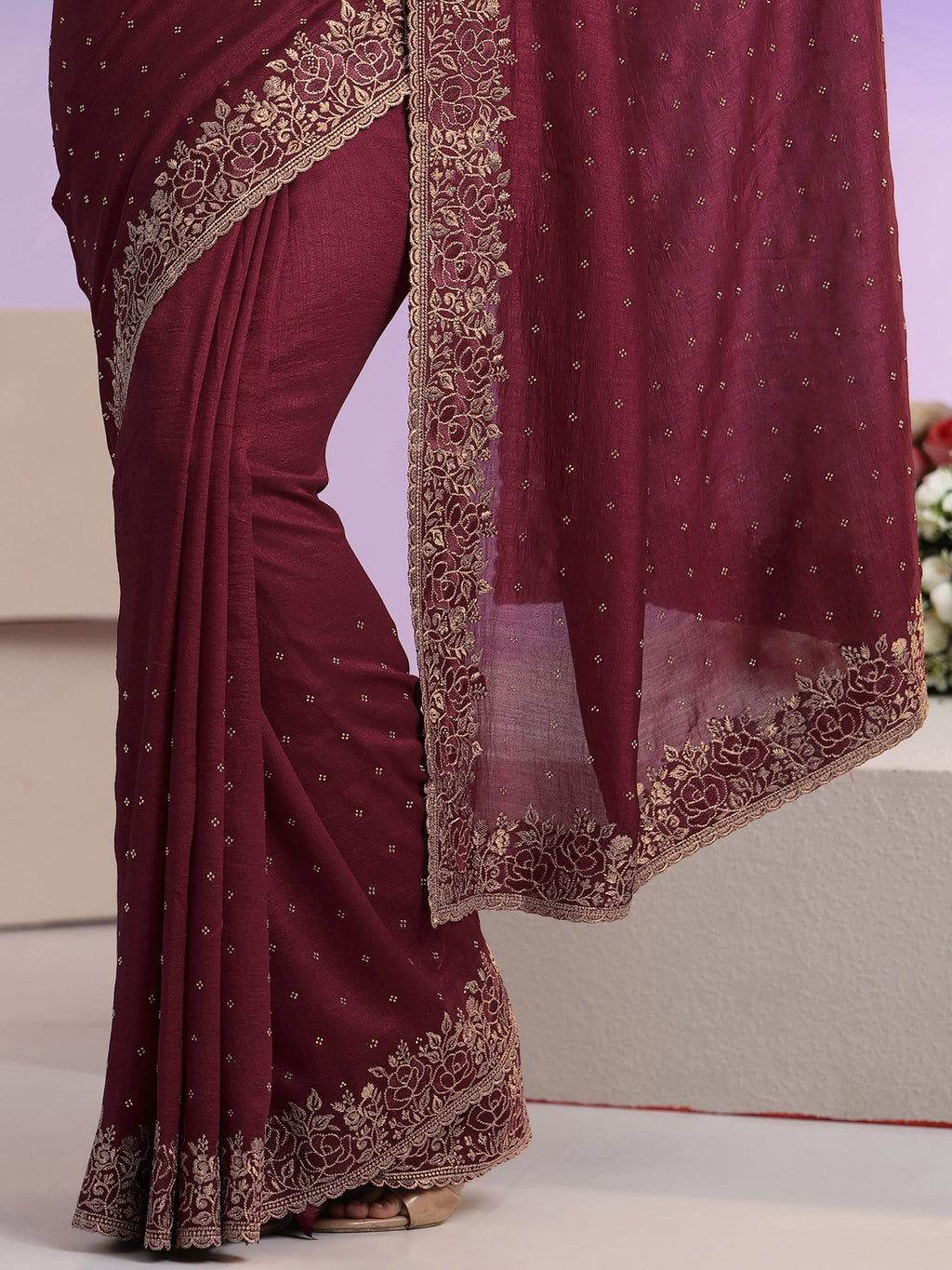 Maroon Stone Work Embelllished Silk Blend Saree