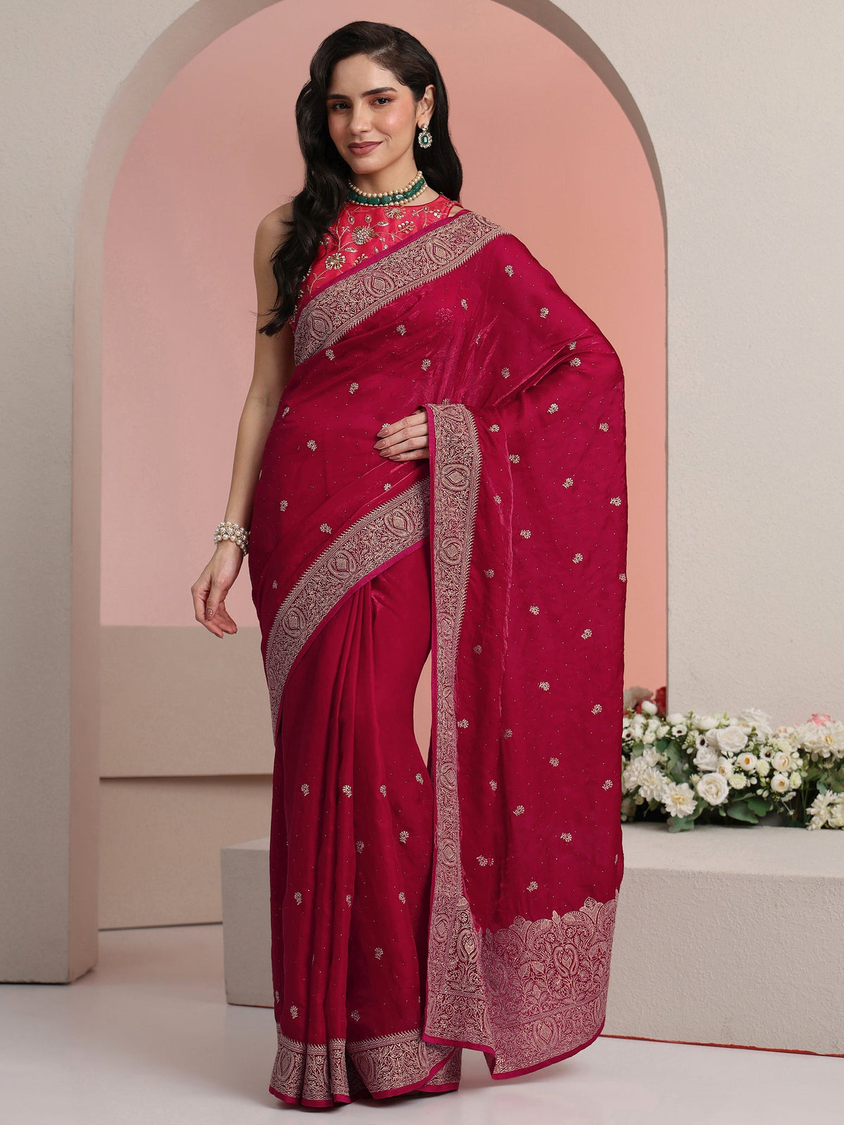 Rani Pink Embroidered Tissue Saree