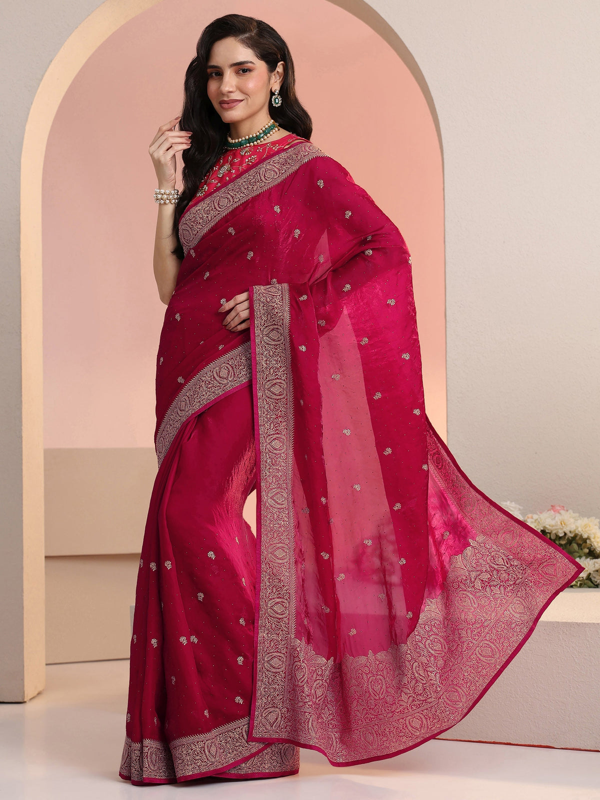 Rani Pink Embroidered Tissue Saree