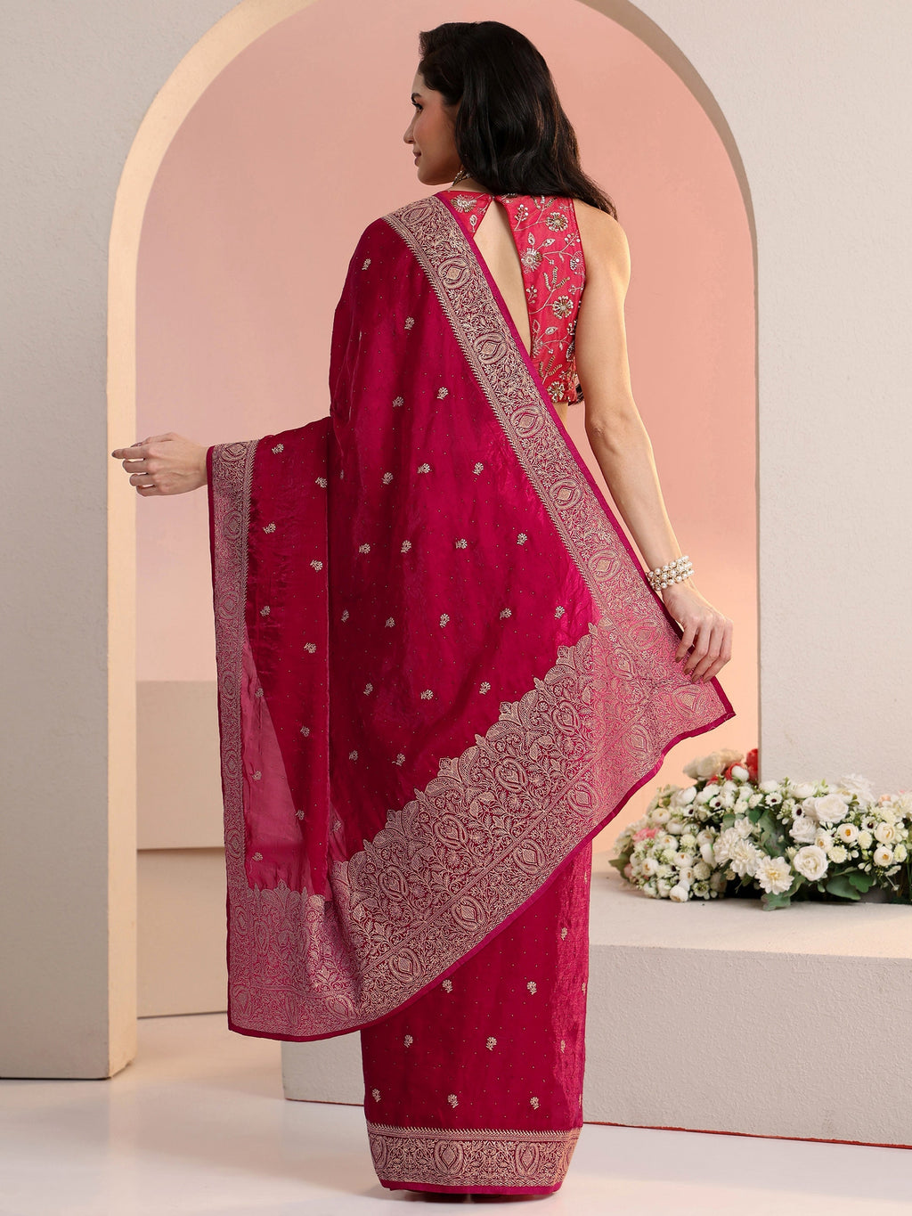 Rani Pink Embroidered Tissue Saree