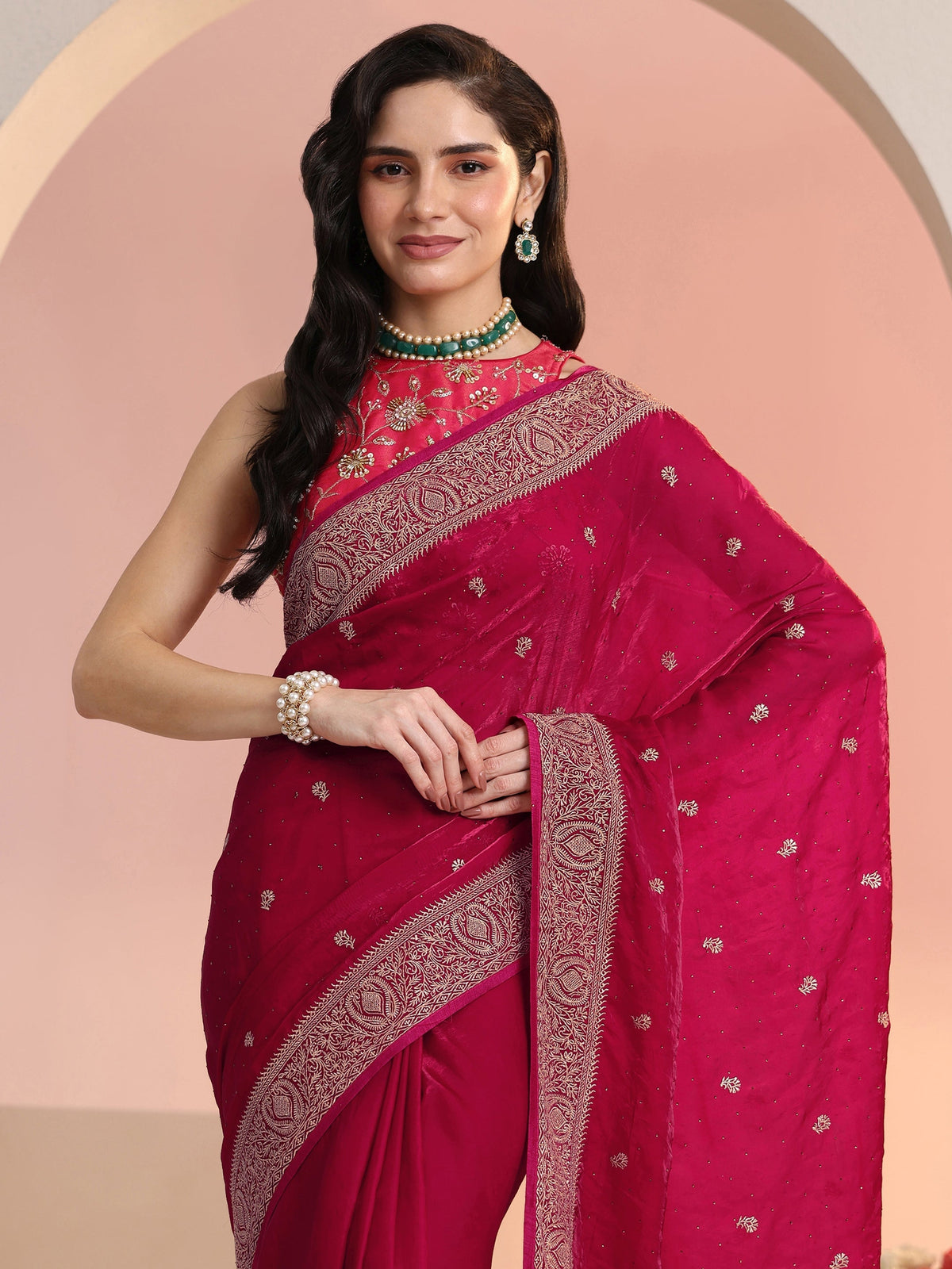 Rani Pink Embroidered Tissue Saree