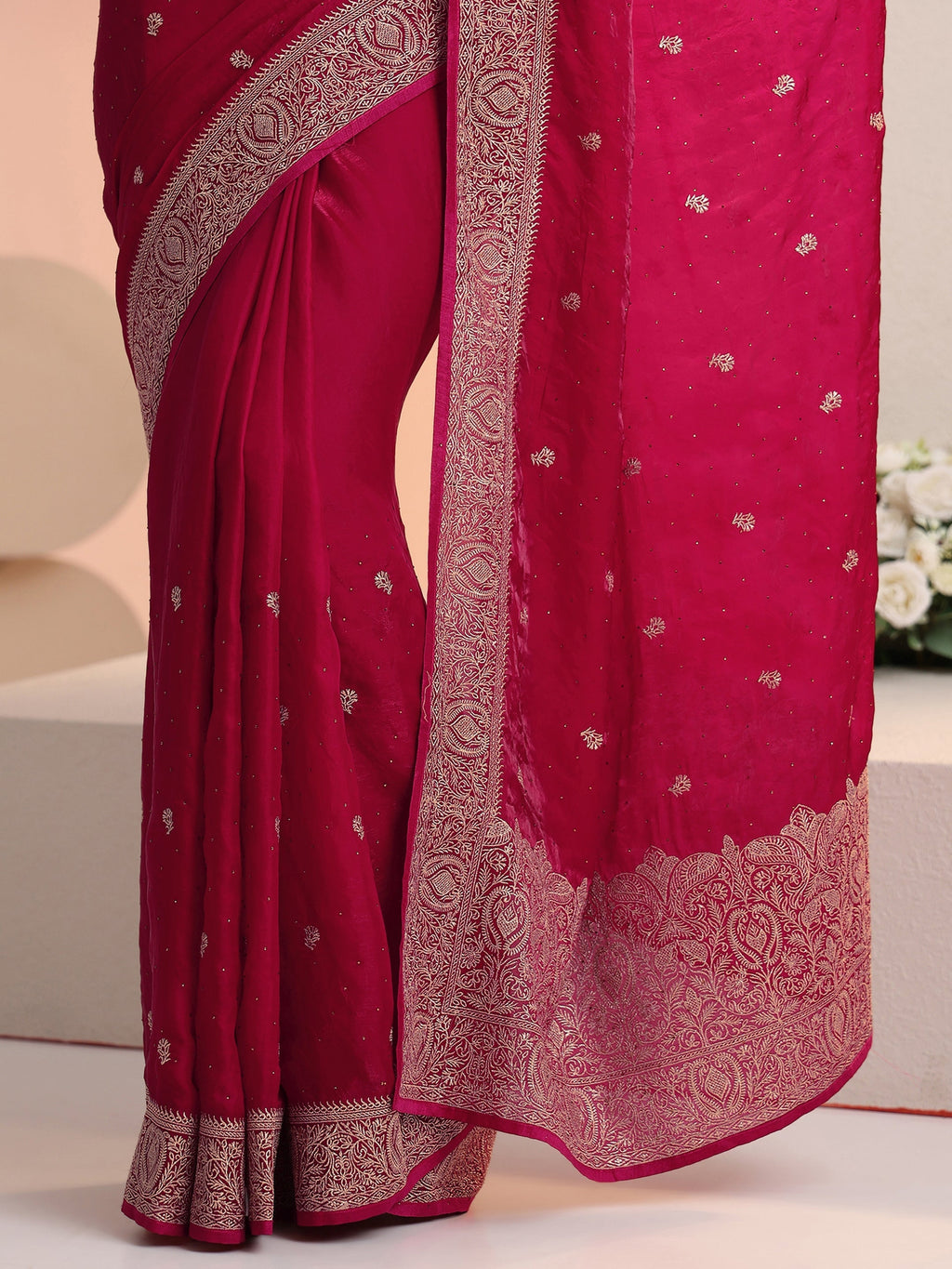 Rani Pink Embroidered Tissue Saree