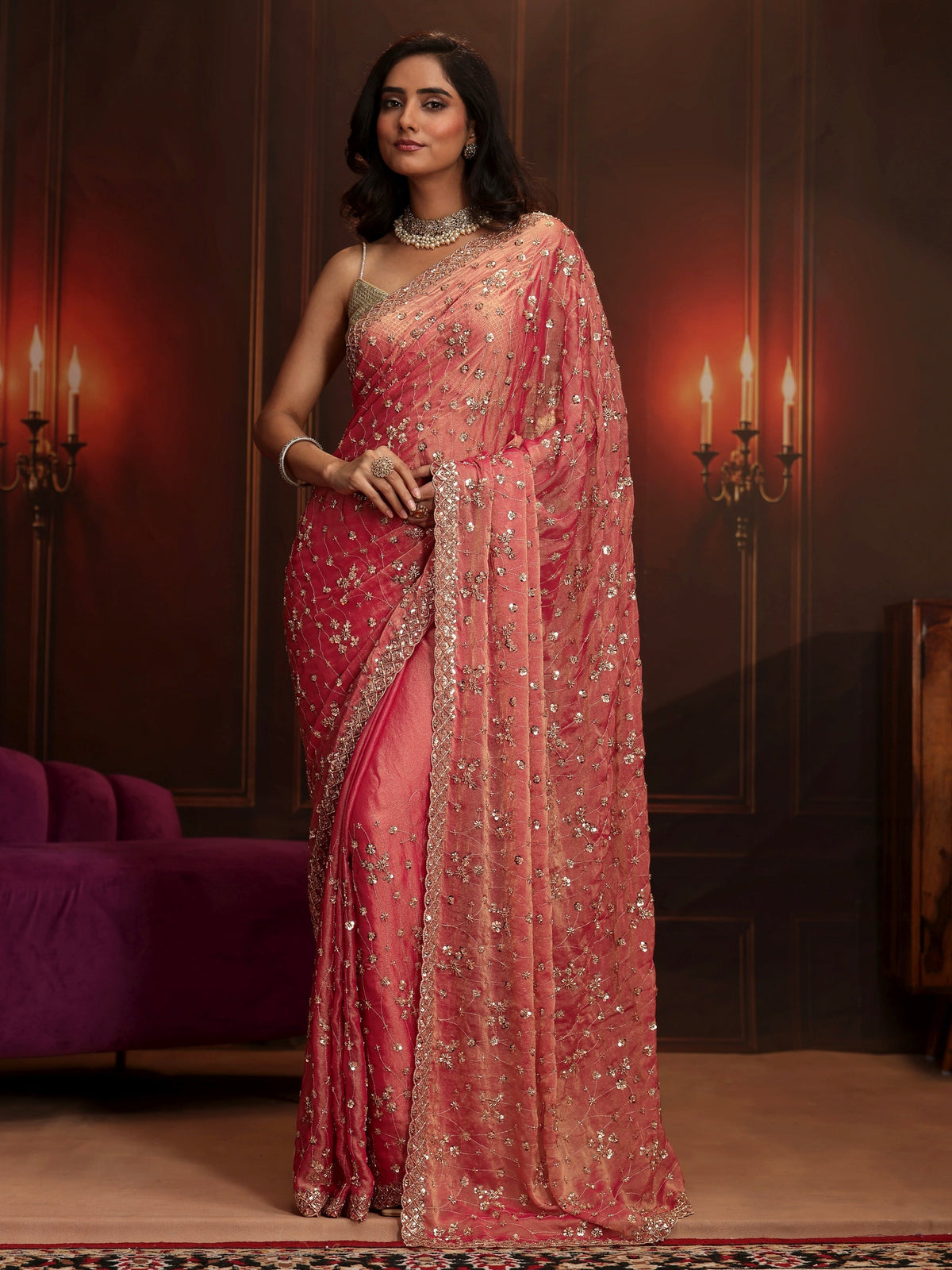 Art Coral Pink Embellished Tissue Saree