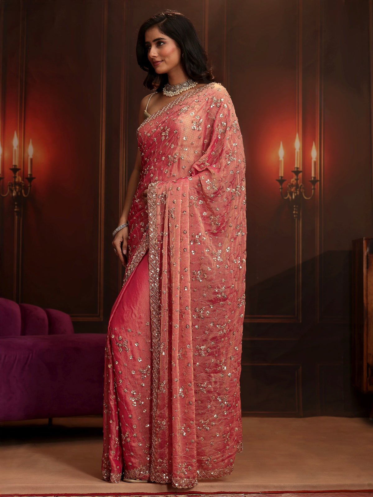 Art Coral Pink Embellished Tissue Saree