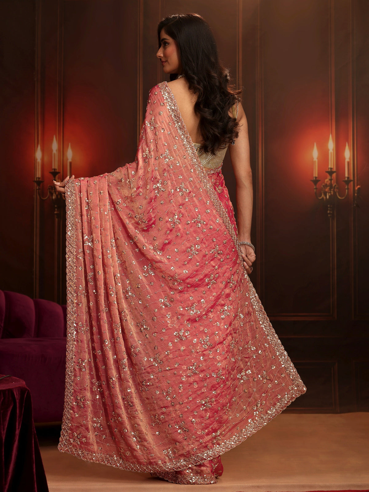 Art Coral Pink Embellished Tissue Saree