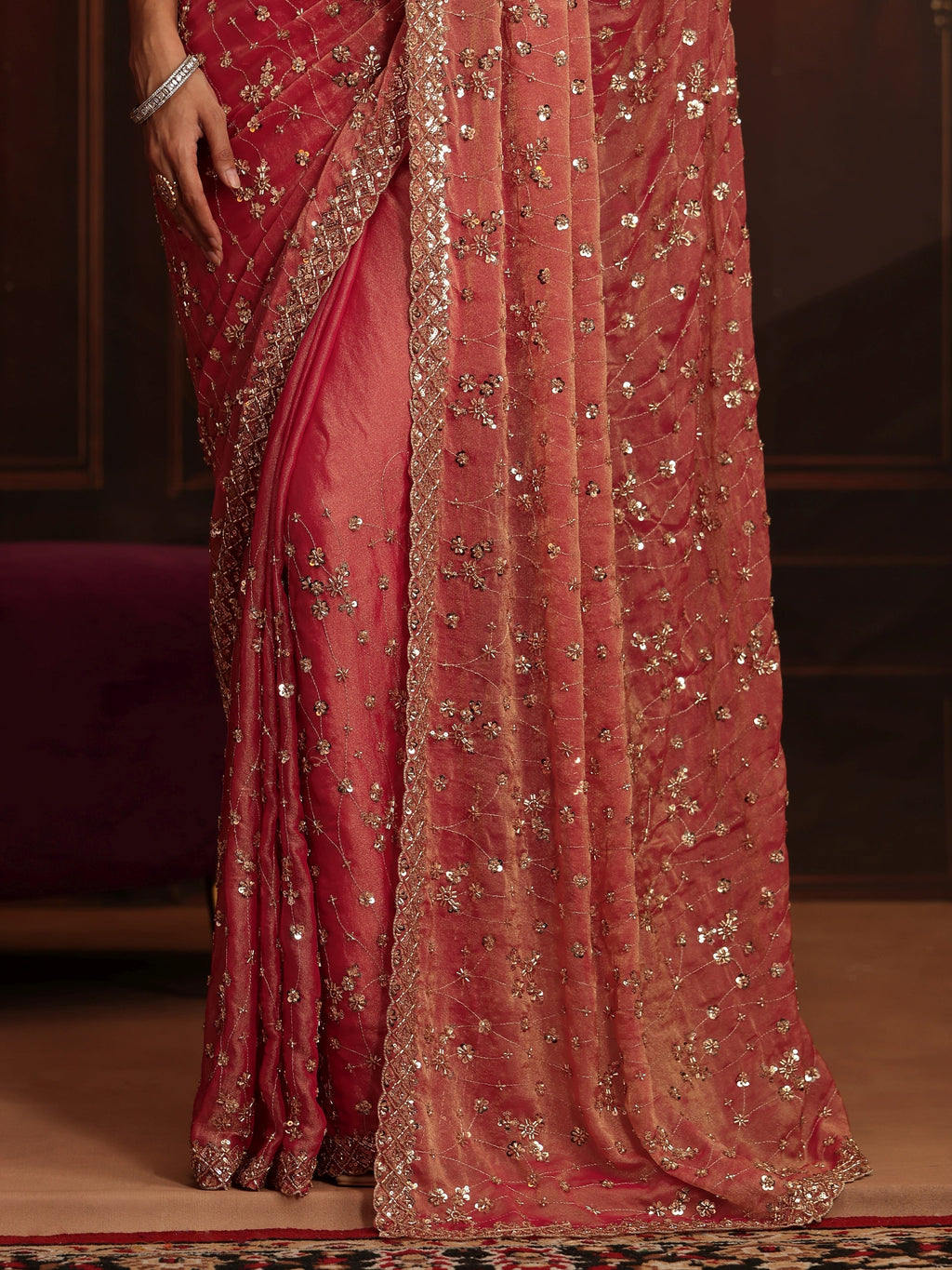 Art Coral Pink Embellished Tissue Saree