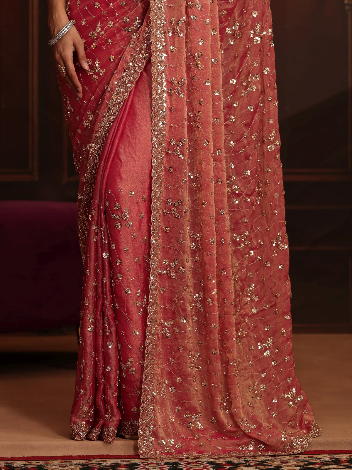 Art Coral Pink Embellished Tissue Saree