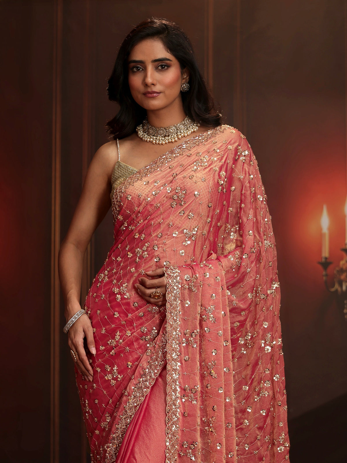 Art Coral Pink Embellished Tissue Saree