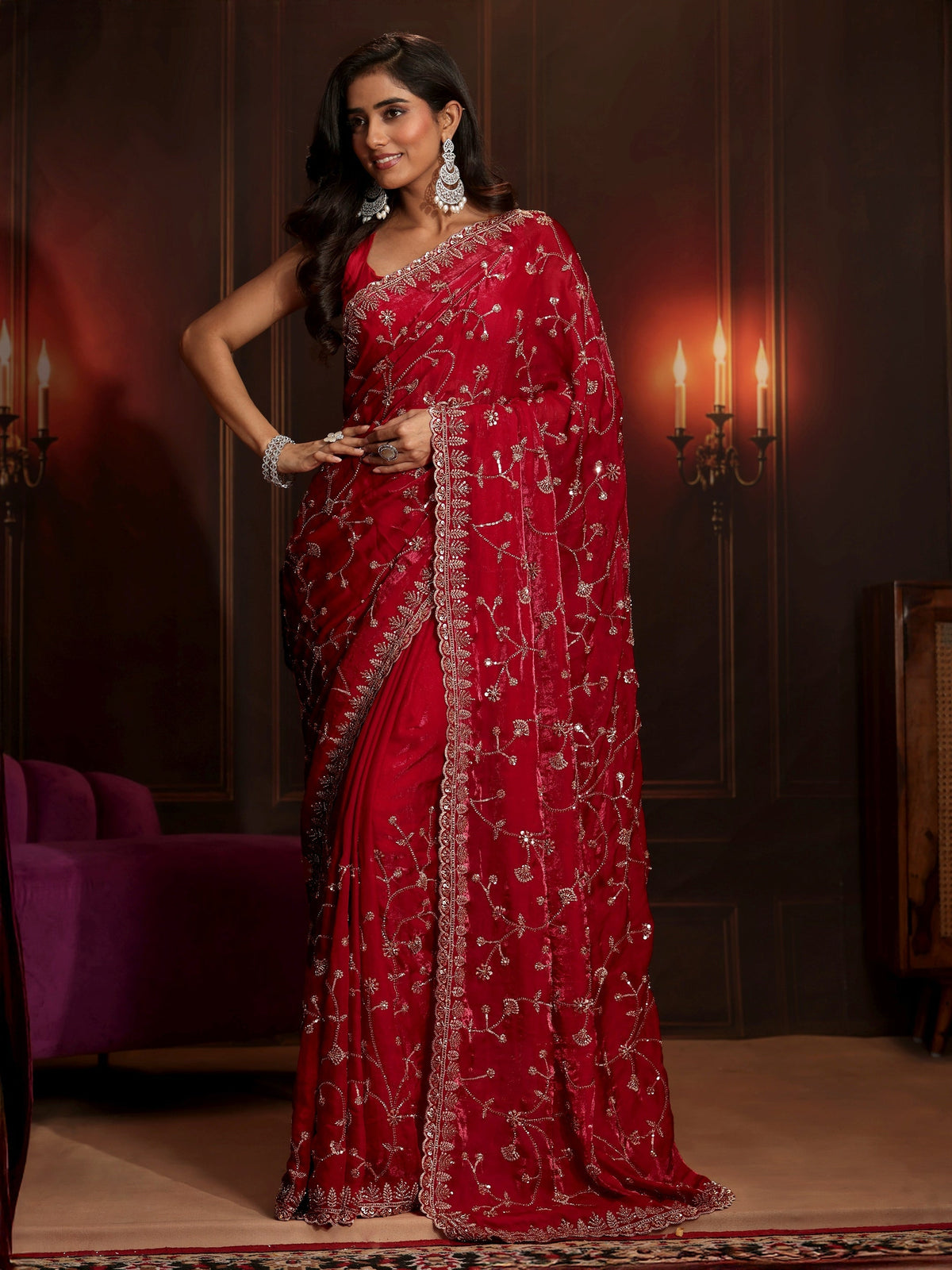 Art Crimson Red Floral Embellished Tissue Saree