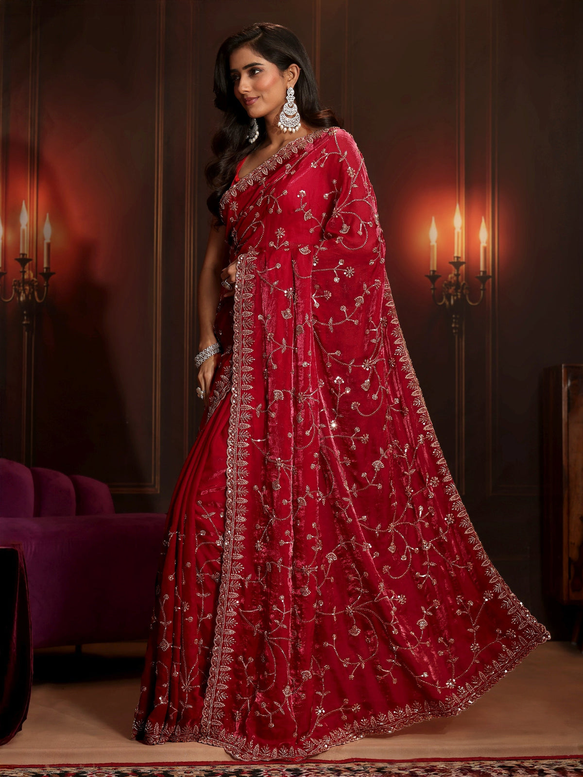 Art Crimson Red Floral Embellished Tissue Saree