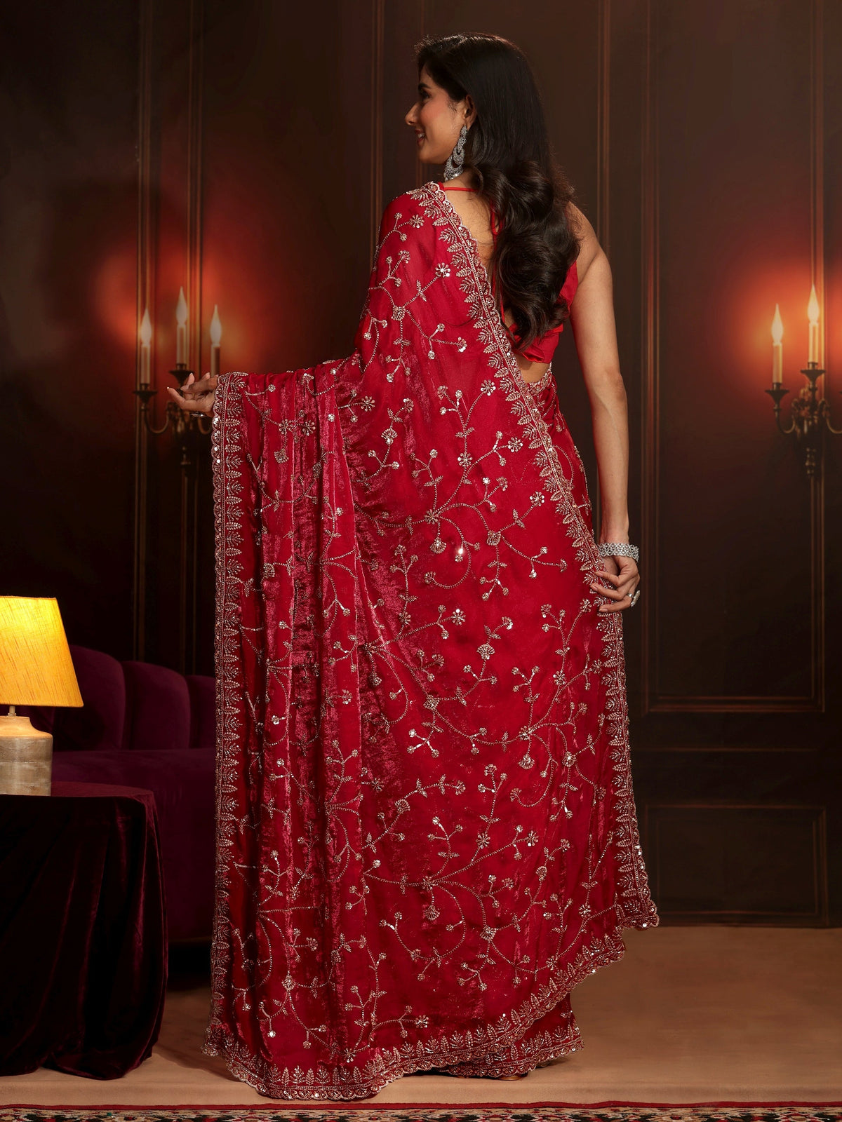 Art Crimson Red Floral Embellished Tissue Saree
