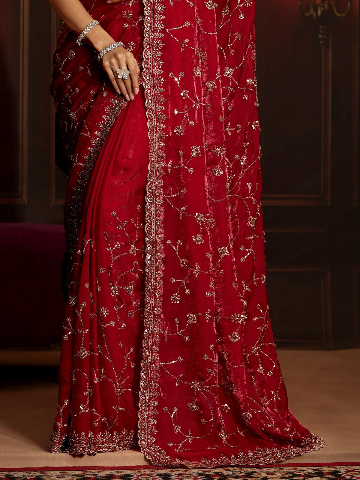 Art Crimson Red Floral Embellished Tissue Saree