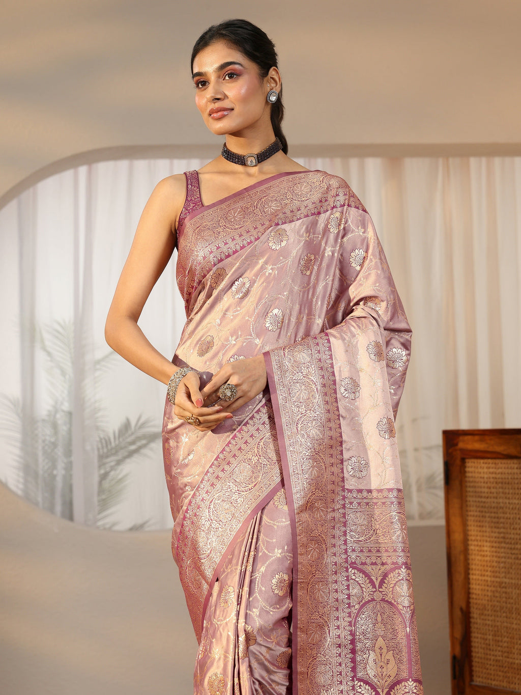 Dusty Lilac Banarasi Satin Saree