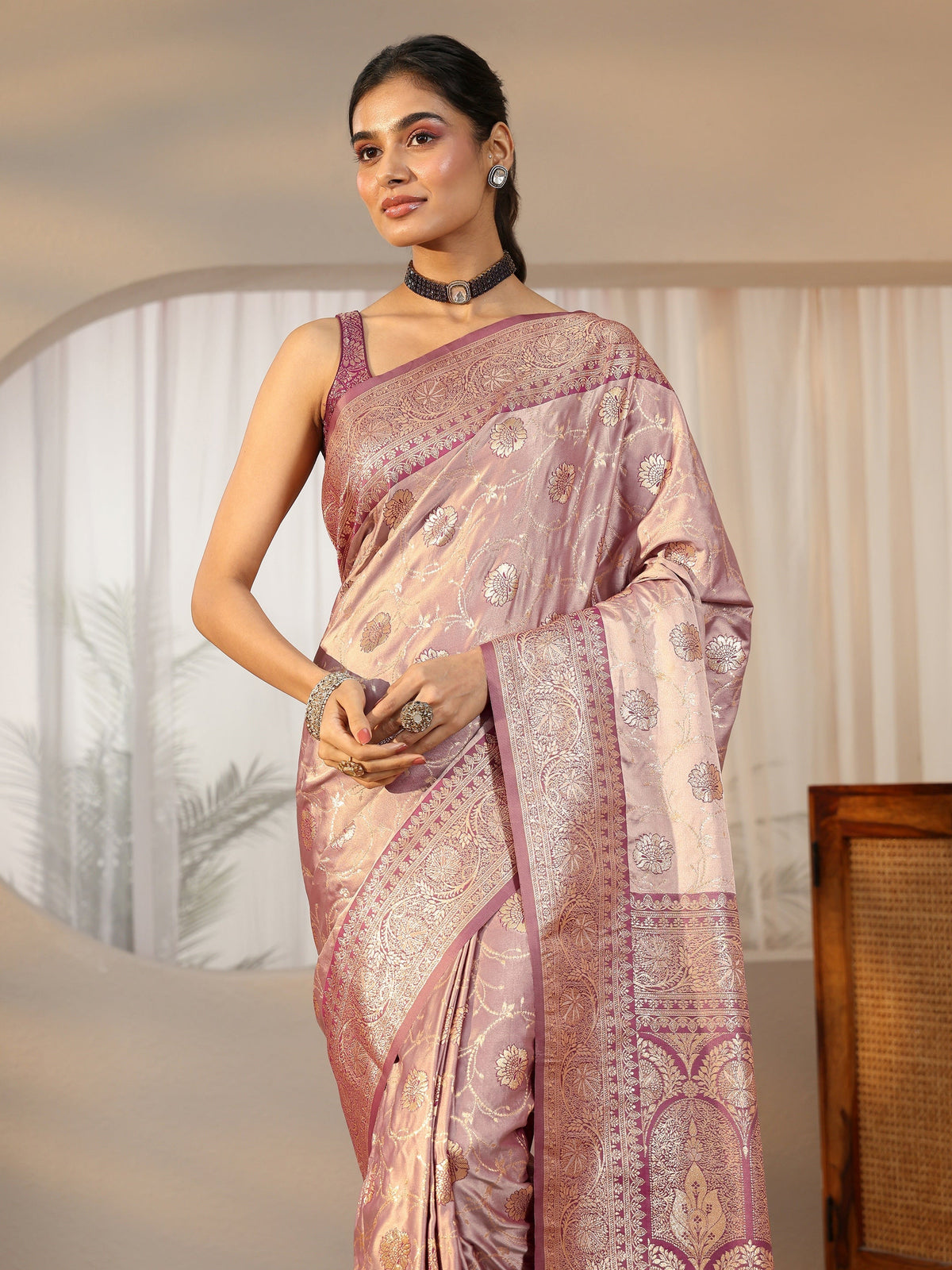 Dusty Lilac Banarasi Satin Saree