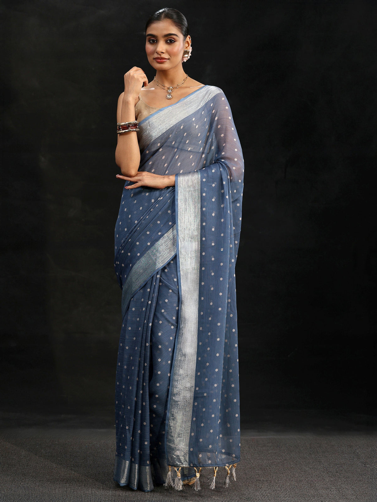 Steel Blue Floral Printed Chiffon Saree