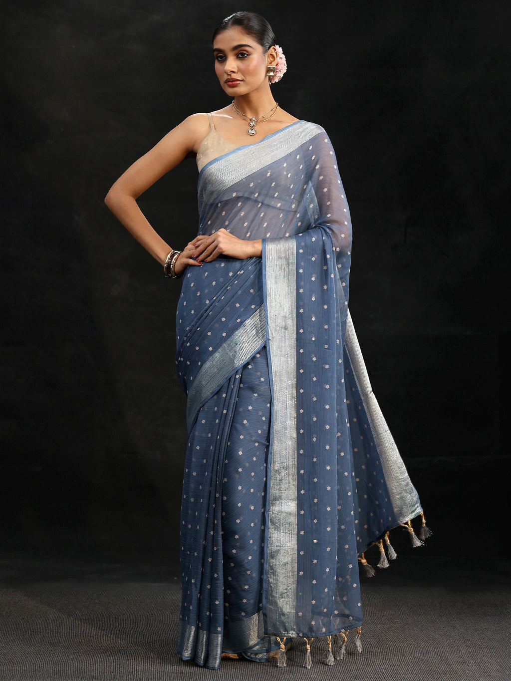Steel Blue Floral Printed Chiffon Saree