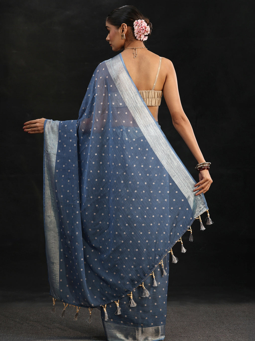 Steel Blue Floral Printed Chiffon Saree