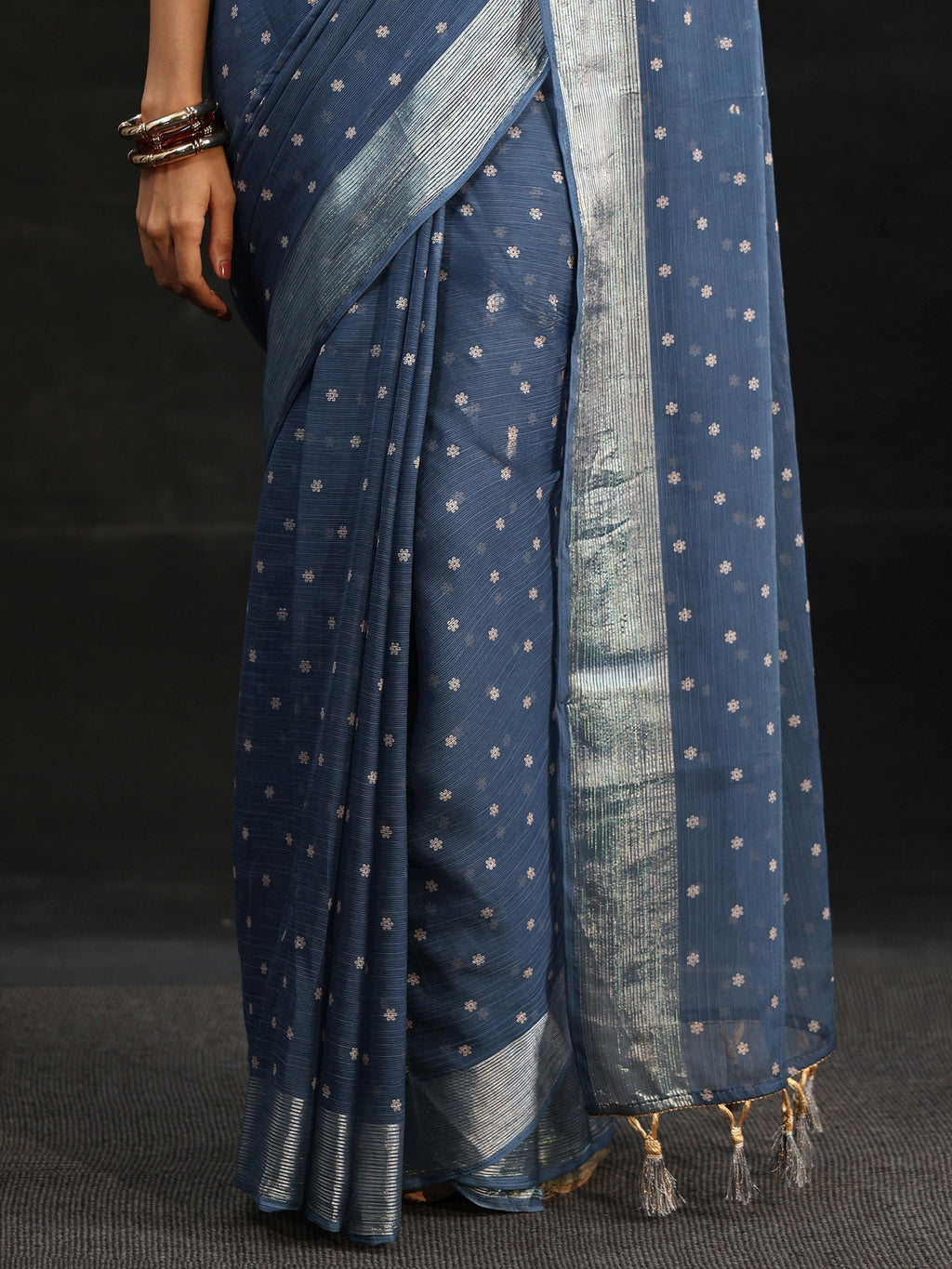 Steel Blue Floral Printed Chiffon Saree