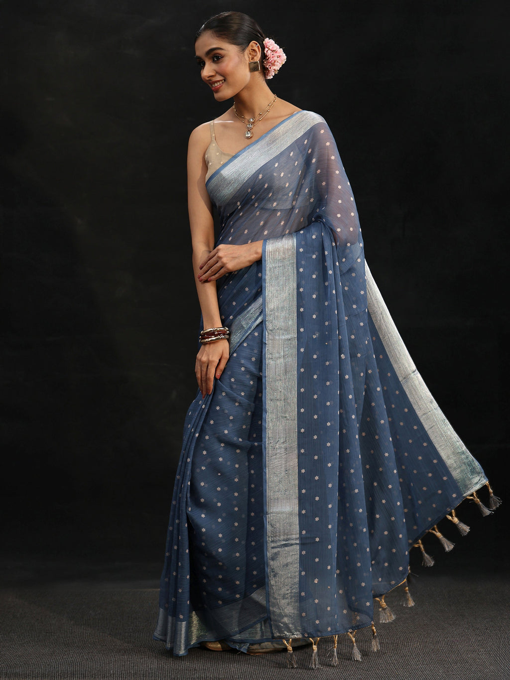 Steel Blue Floral Printed Chiffon Saree
