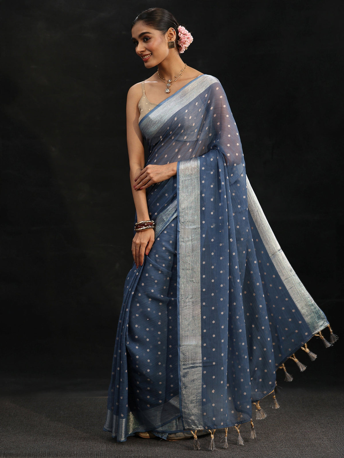 Steel Blue Floral Printed Chiffon Saree