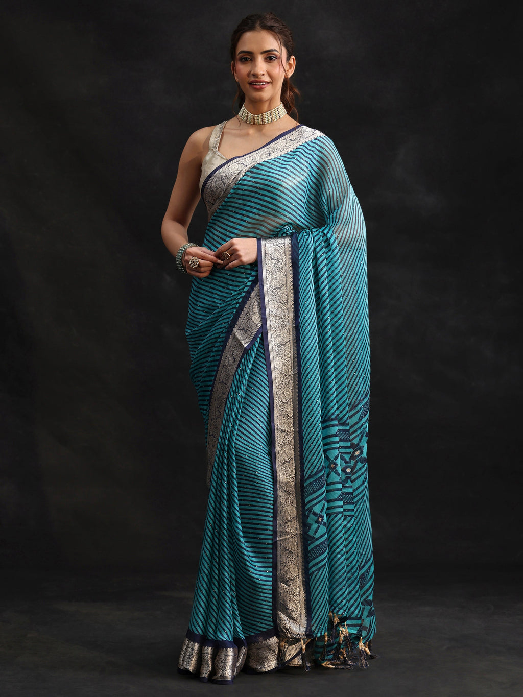 Navy Blue Striped Chiffon Saree with Paisley Border