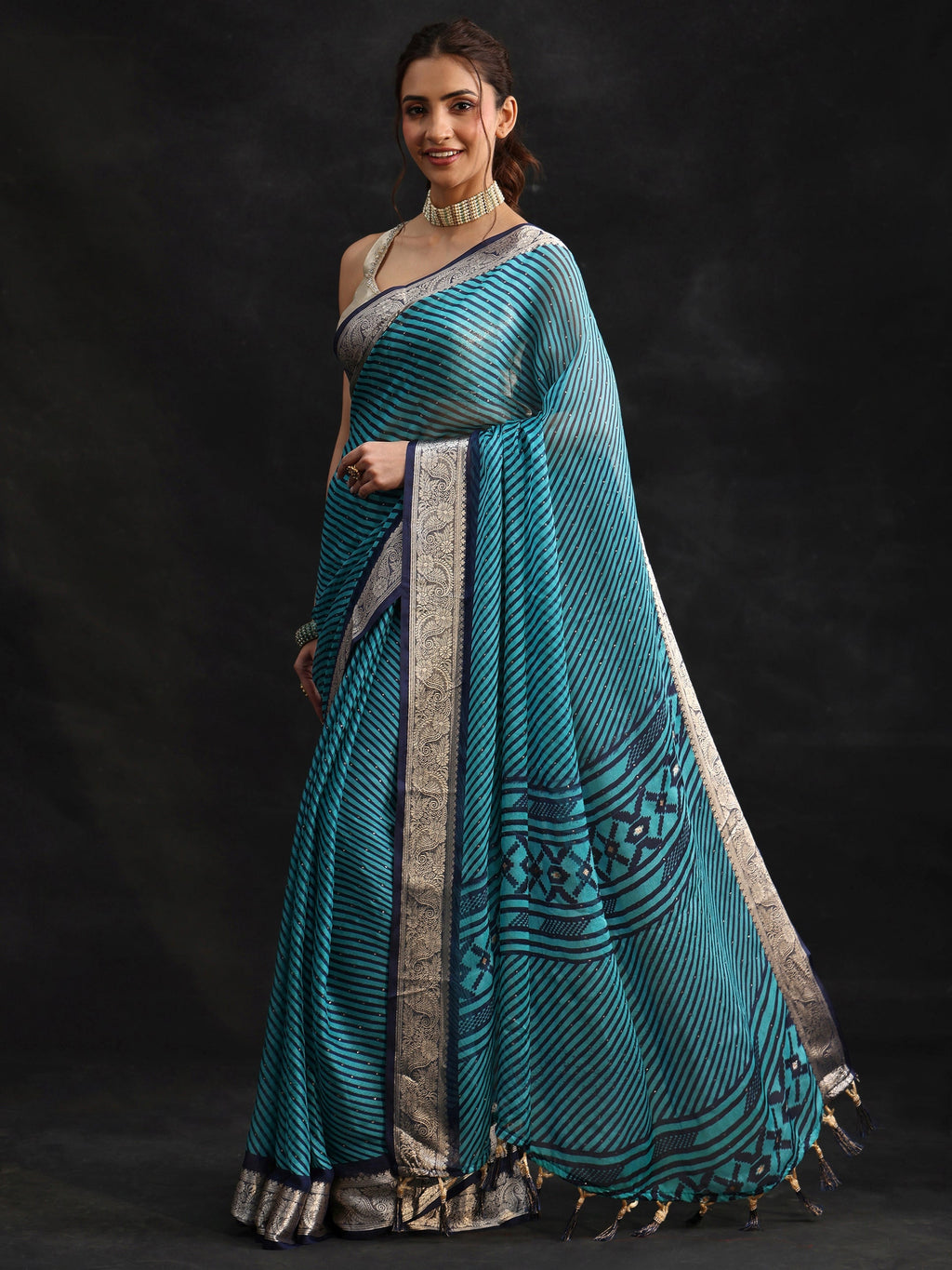 Navy Blue Striped Chiffon Saree with Paisley Border