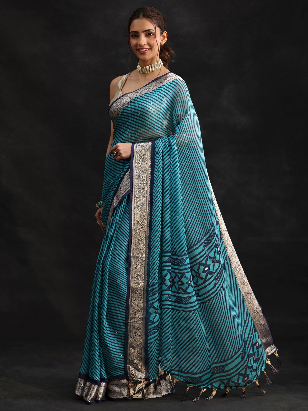 Navy Blue Striped Chiffon Saree with Paisley Border