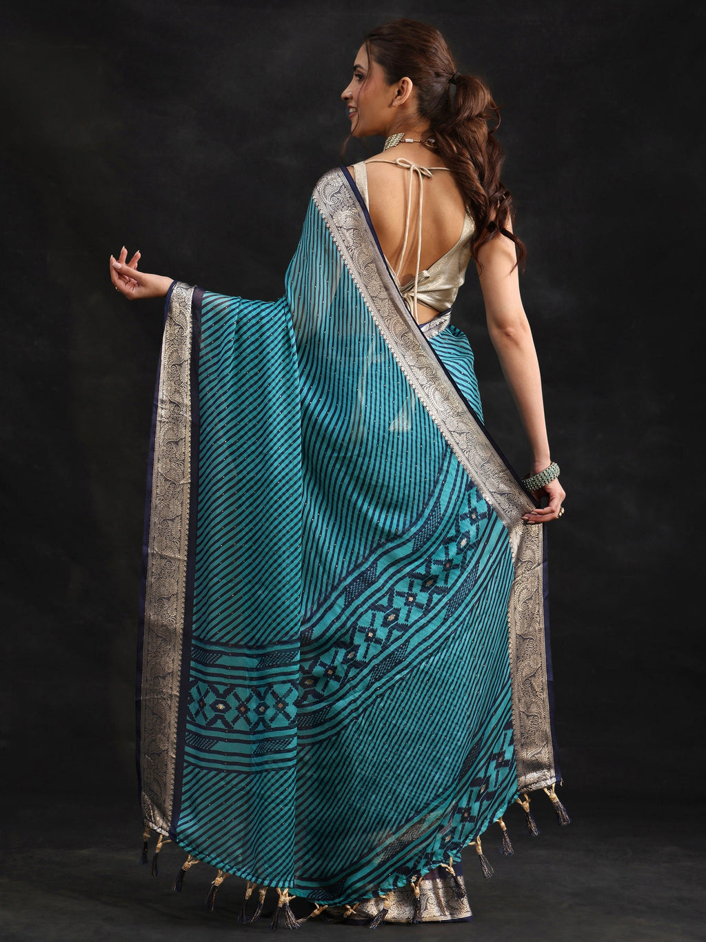 Navy Blue Striped Chiffon Saree with Paisley Border