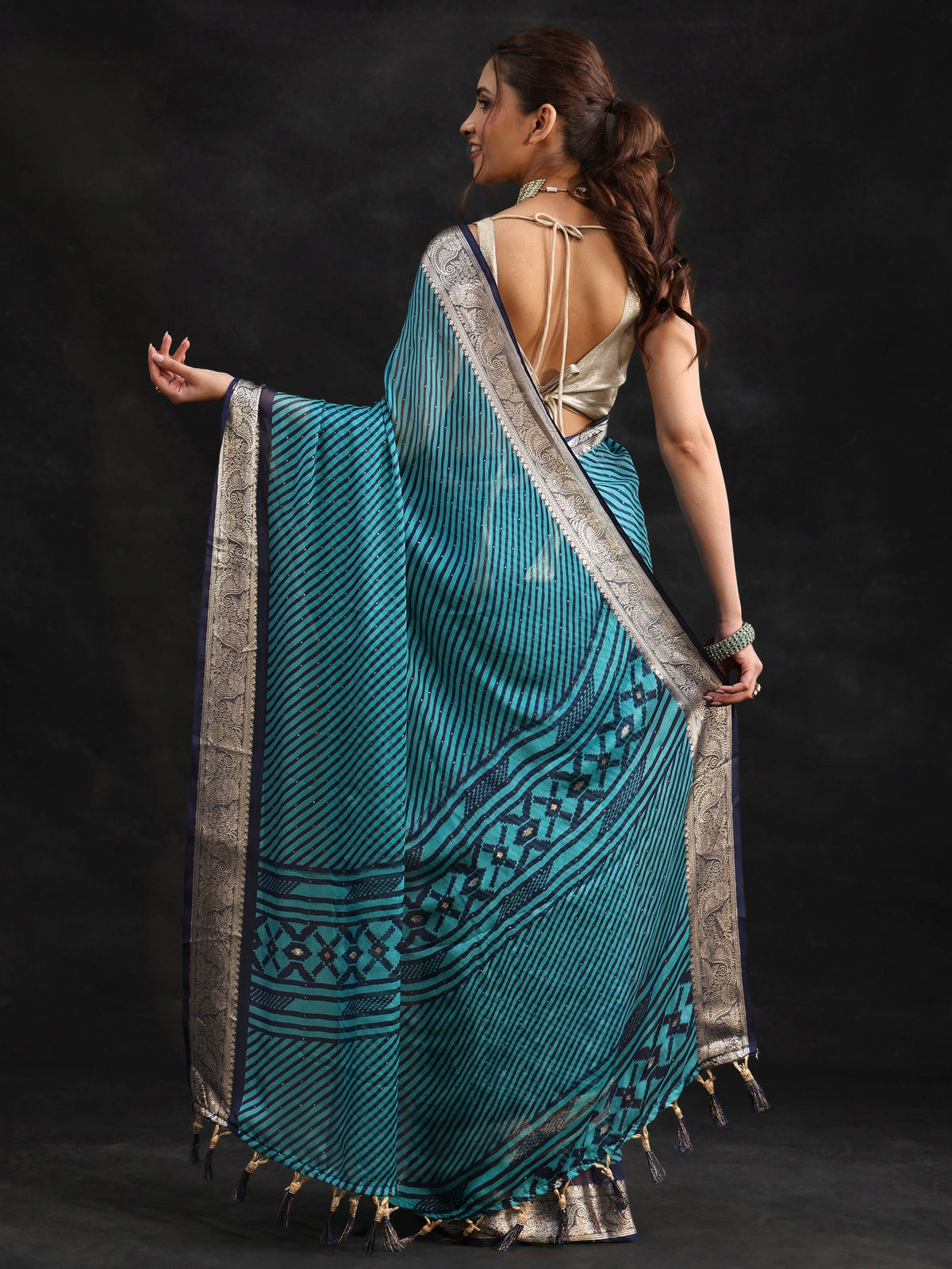 Navy Blue Striped Chiffon Saree with Paisley Border