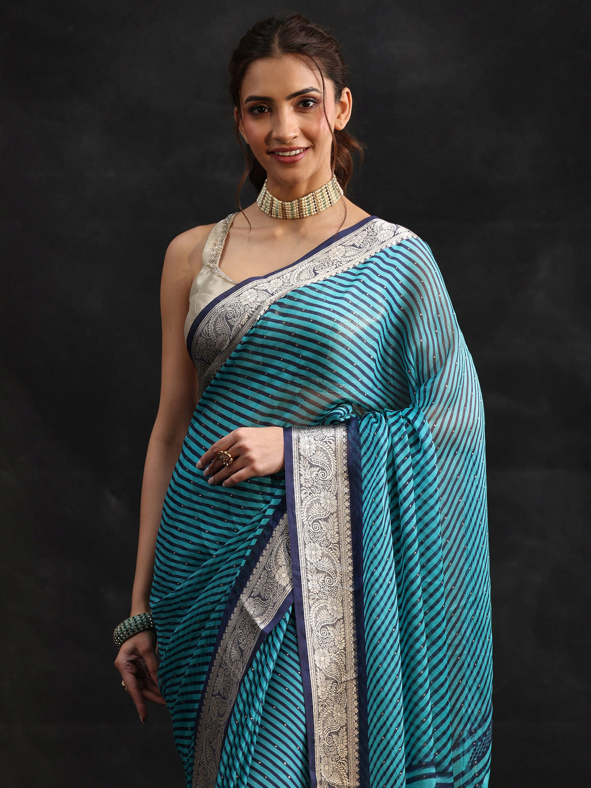 Navy Blue Striped Chiffon Saree with Paisley Border