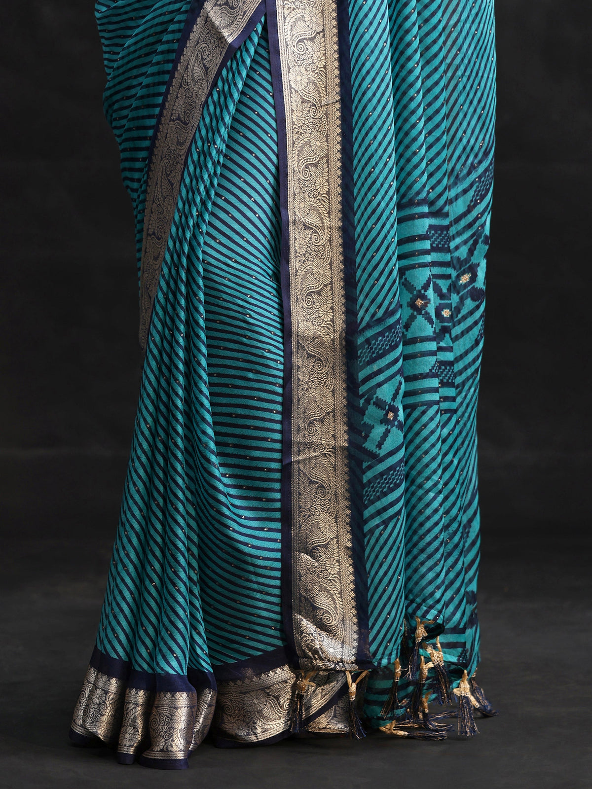 Navy Blue Striped Chiffon Saree with Paisley Border