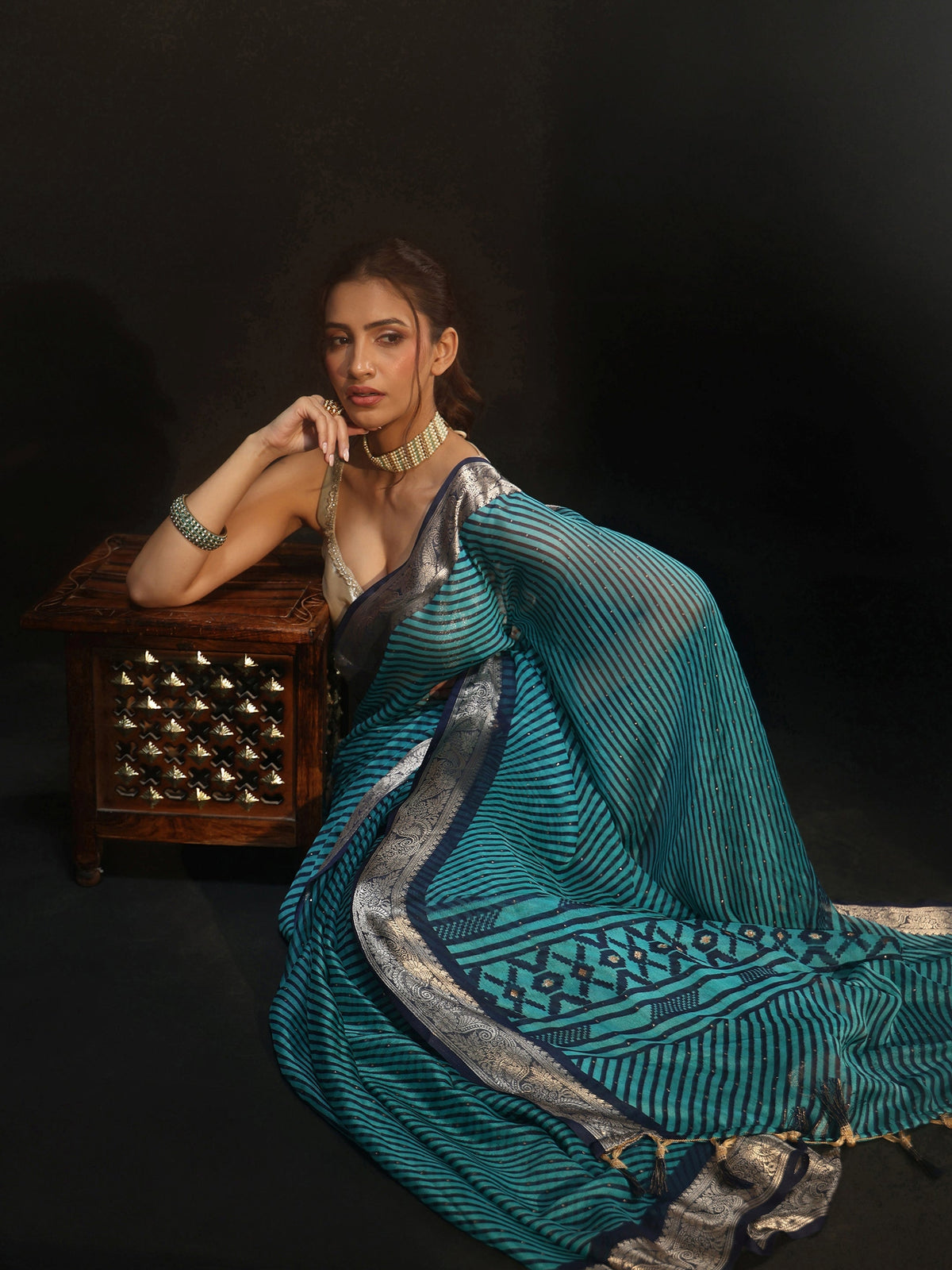Navy Blue Striped Chiffon Saree with Paisley Border