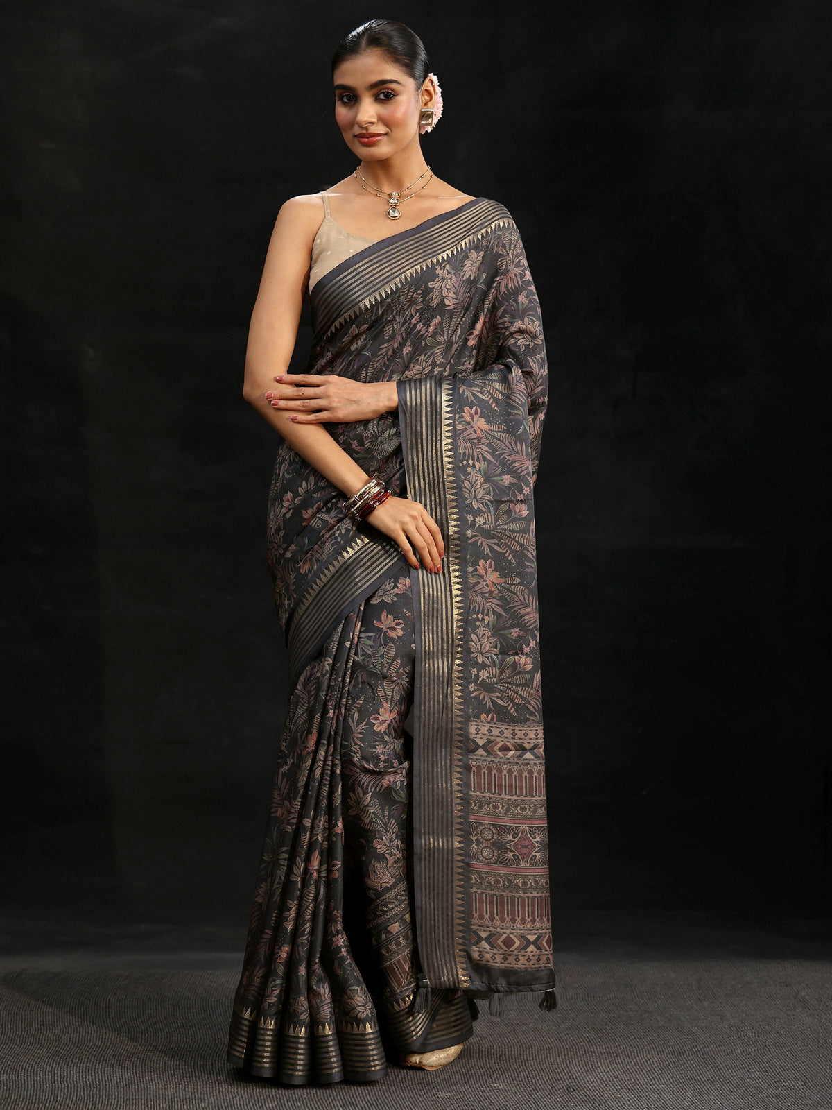 Midnight Blue Floral Woven Design Silk Blend Saree
