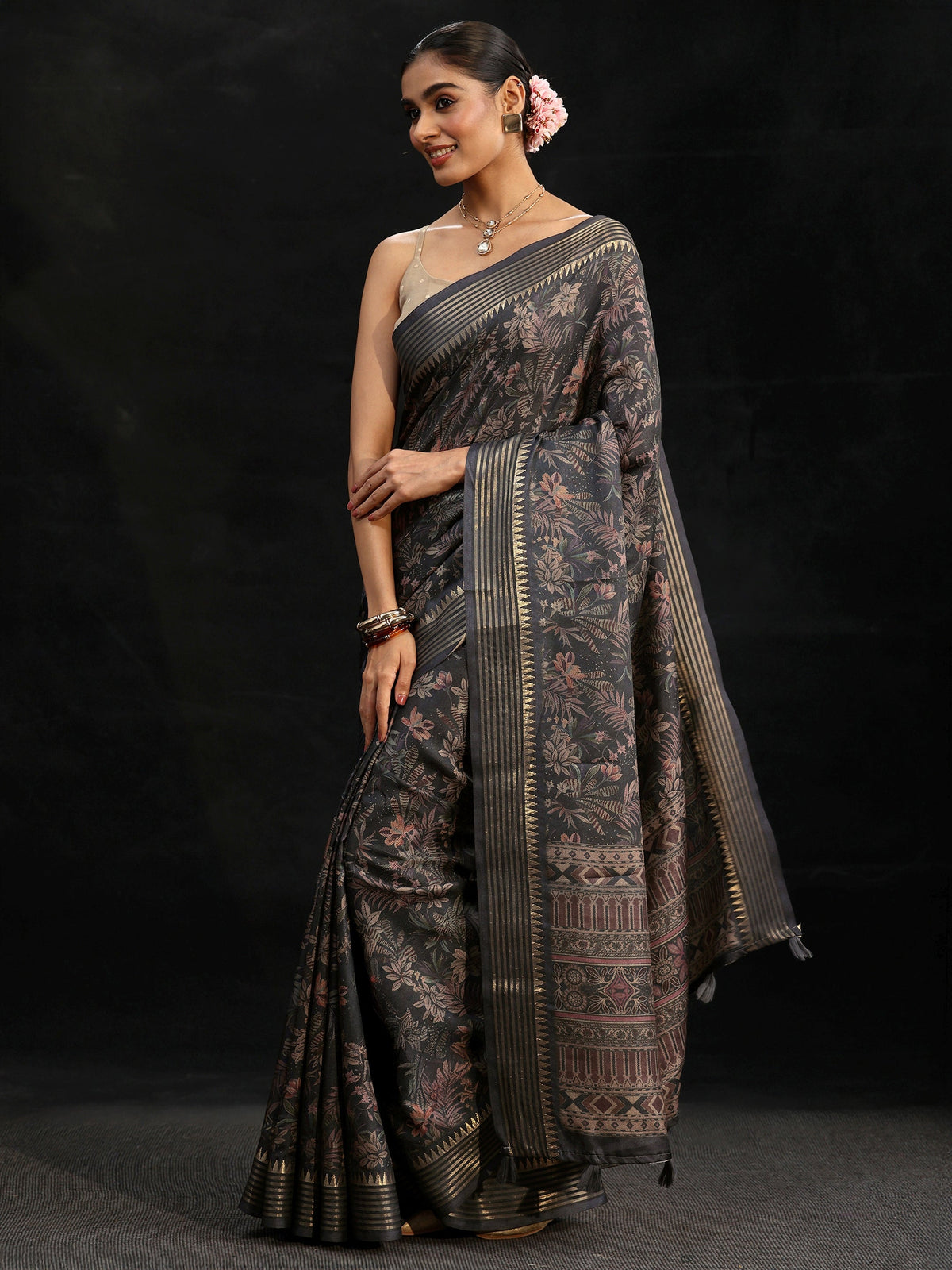 Midnight Blue Floral Woven Design Silk Blend Saree
